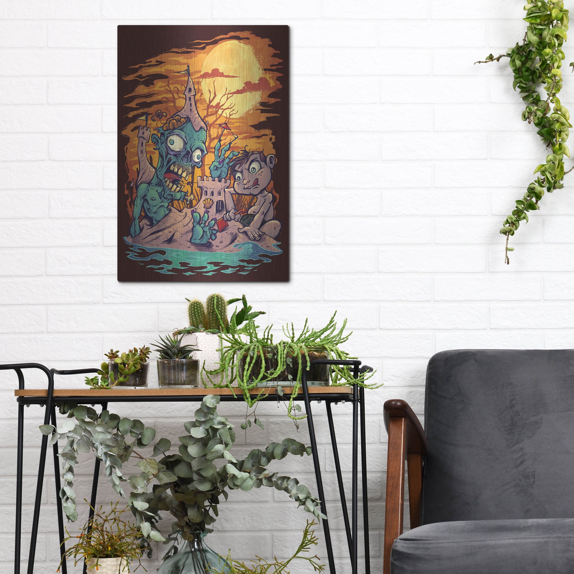 Luxe Metal Art 'Halloween At The Beach - Zombie' by Flyland Designs, Metal Wall Art,12x16