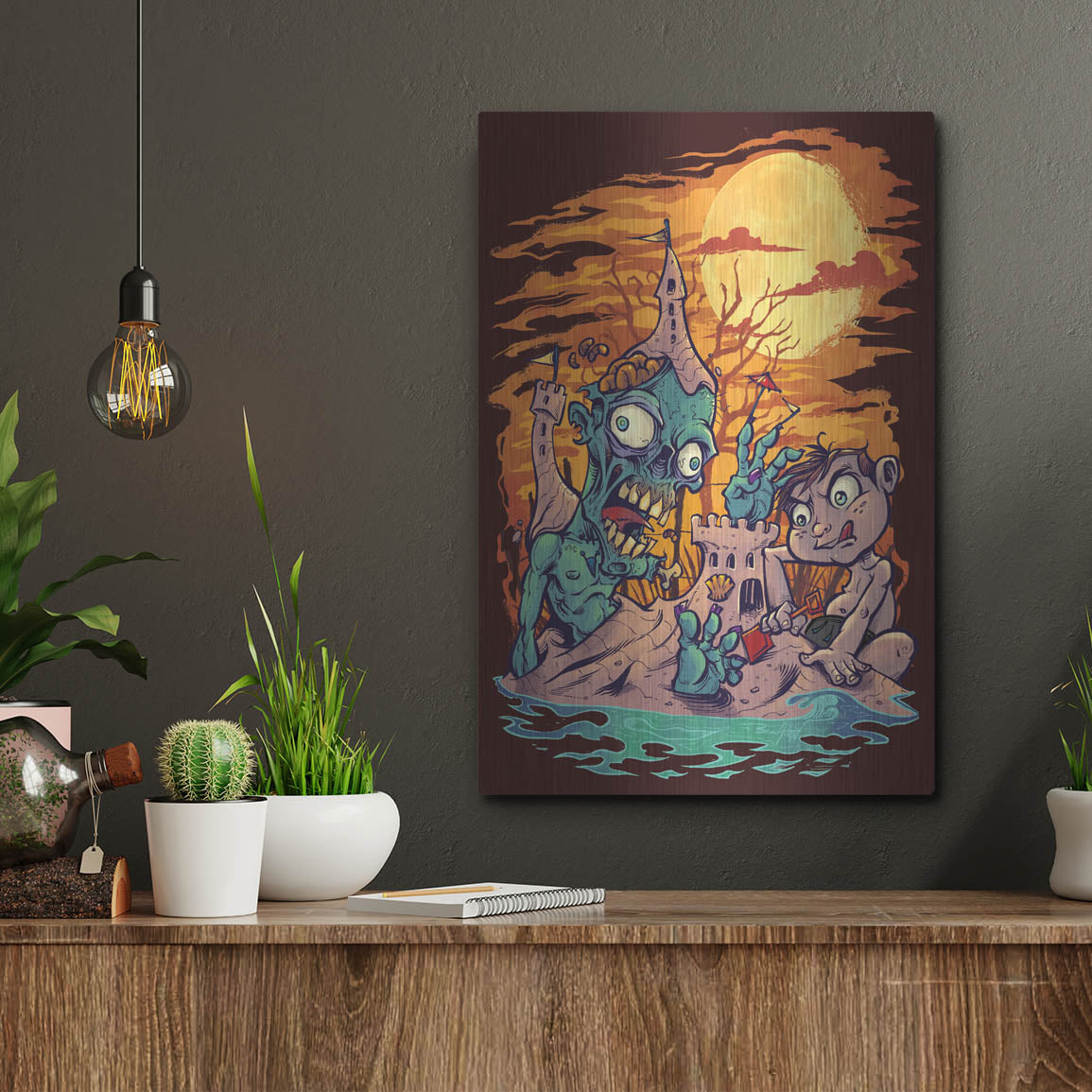 Luxe Metal Art 'Halloween At The Beach - Zombie' by Flyland Designs, Metal Wall Art,12x16