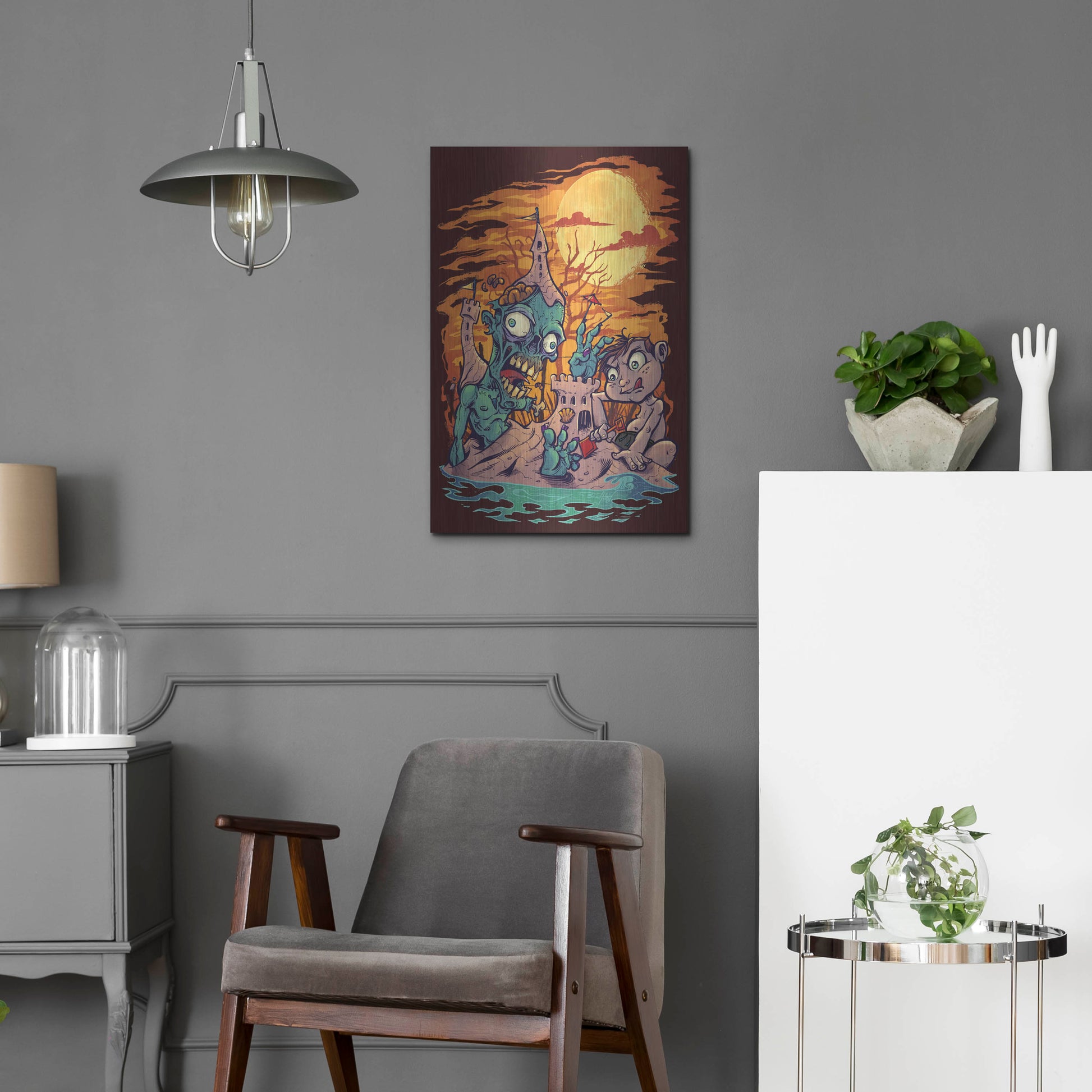 Luxe Metal Art 'Halloween At The Beach - Zombie' by Flyland Designs, Metal Wall Art,16x24