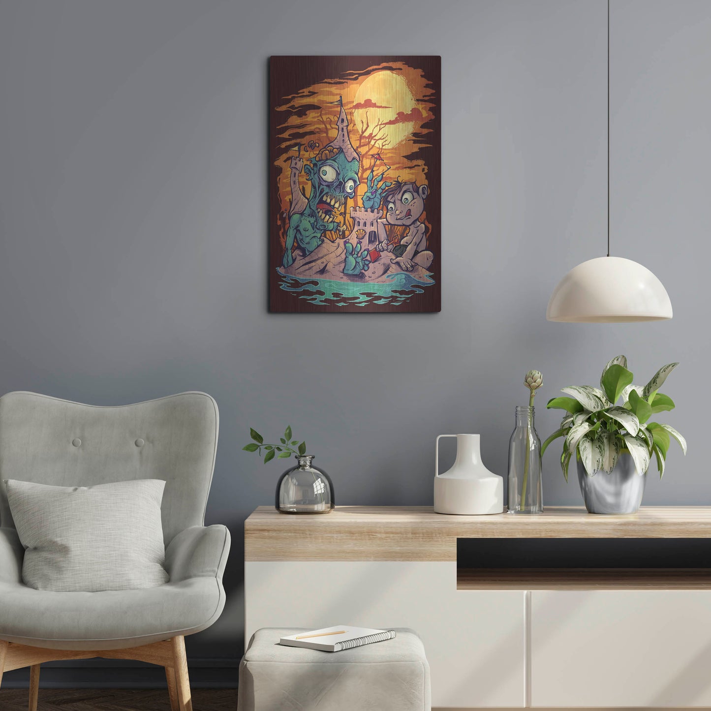 Luxe Metal Art 'Halloween At The Beach - Zombie' by Flyland Designs, Metal Wall Art,16x24