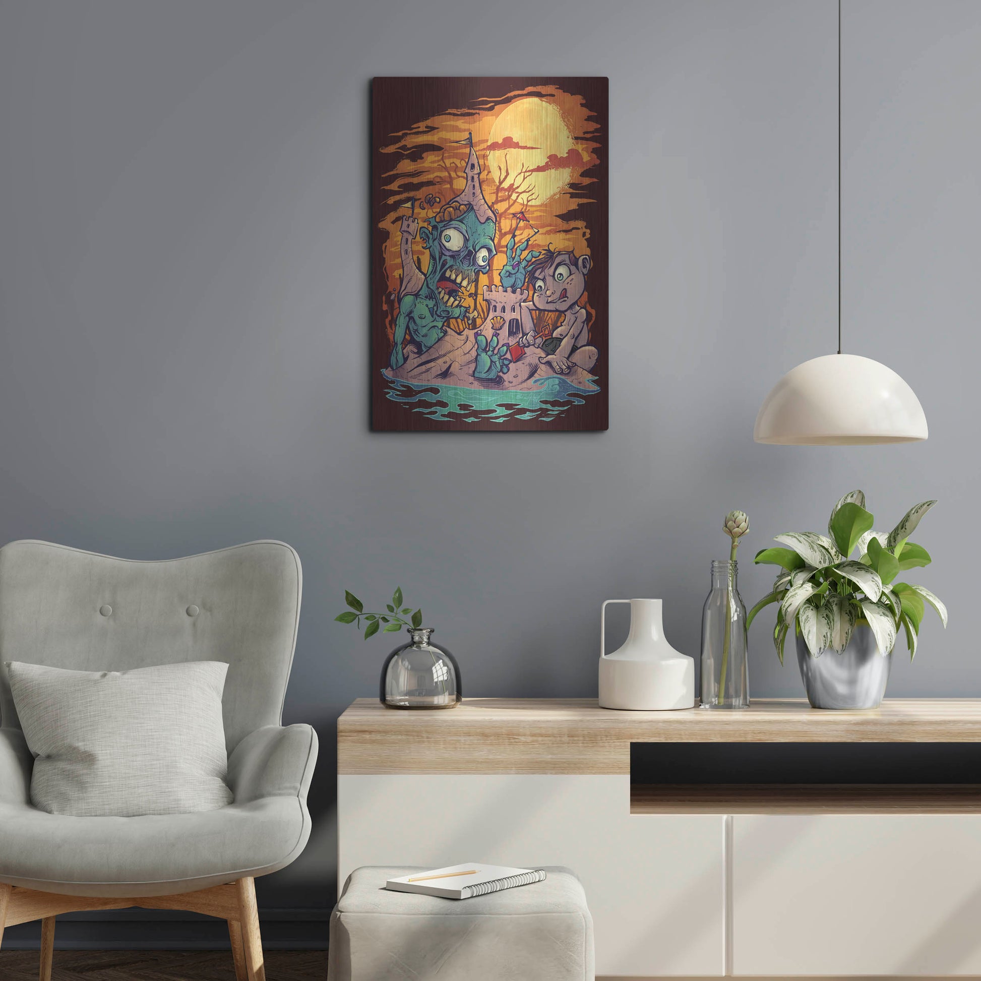 Luxe Metal Art 'Halloween At The Beach - Zombie' by Flyland Designs, Metal Wall Art,16x24