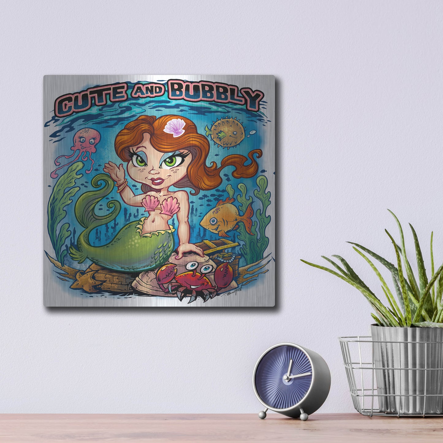 Luxe Metal Art 'Kid Mermaid Underwater Template' by Flyland Designs, Metal Wall Art,12x12