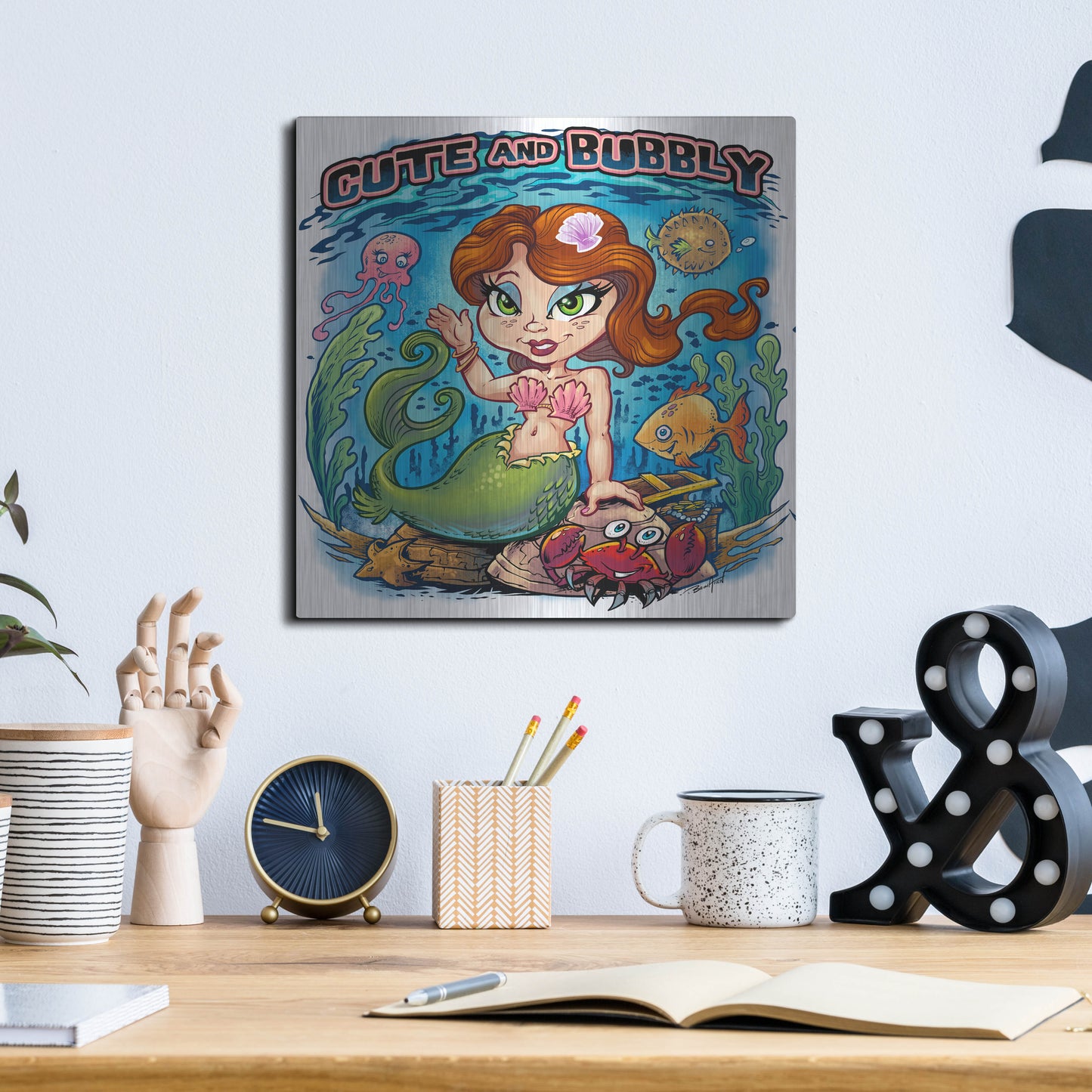 Luxe Metal Art 'Kid Mermaid Underwater Template' by Flyland Designs, Metal Wall Art,12x12