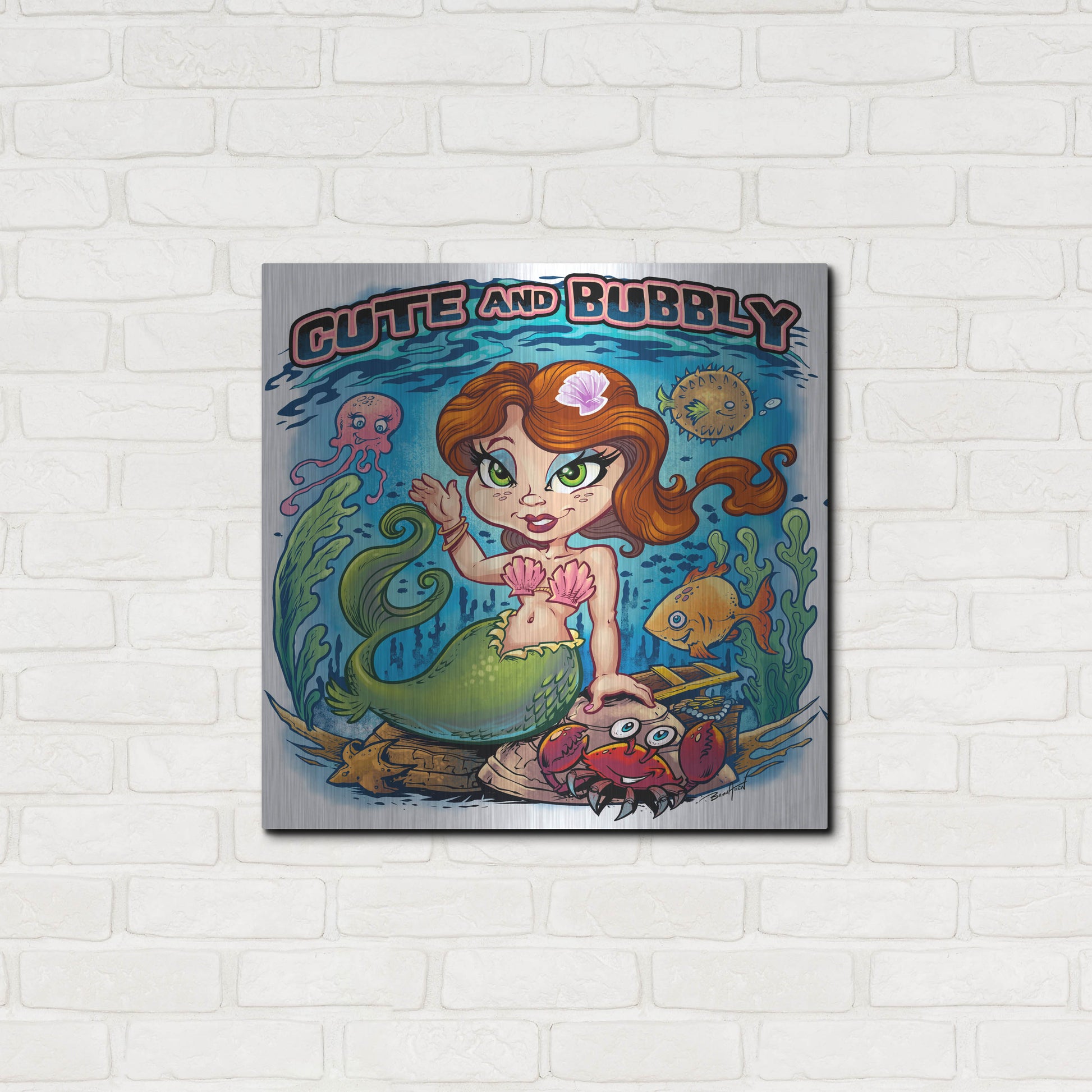 Luxe Metal Art 'Kid Mermaid Underwater Template' by Flyland Designs, Metal Wall Art,24x24