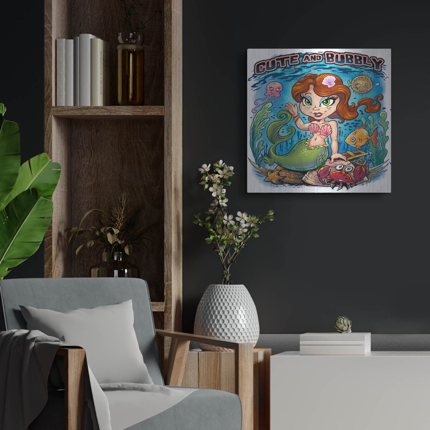 Luxe Metal Art 'Kid Mermaid Underwater Template' by Flyland Designs, Metal Wall Art,24x24