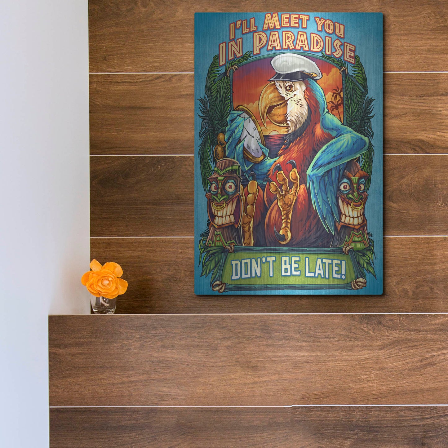 Luxe Metal Art 'Parrot and Tikis' by Flyland Designs, Metal Wall Art,12x16