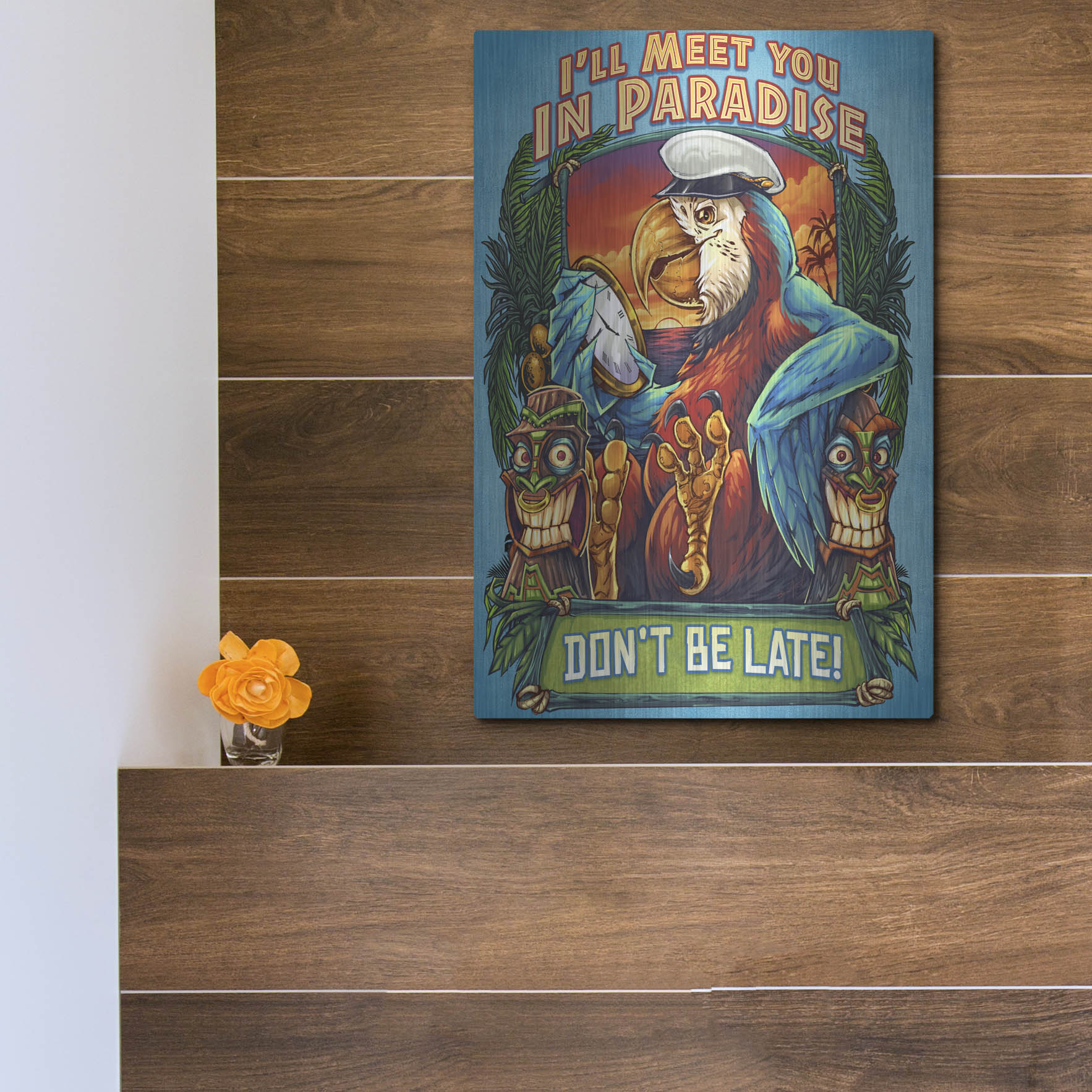 Luxe Metal Art 'Parrot and Tikis' by Flyland Designs, Metal Wall Art,12x16