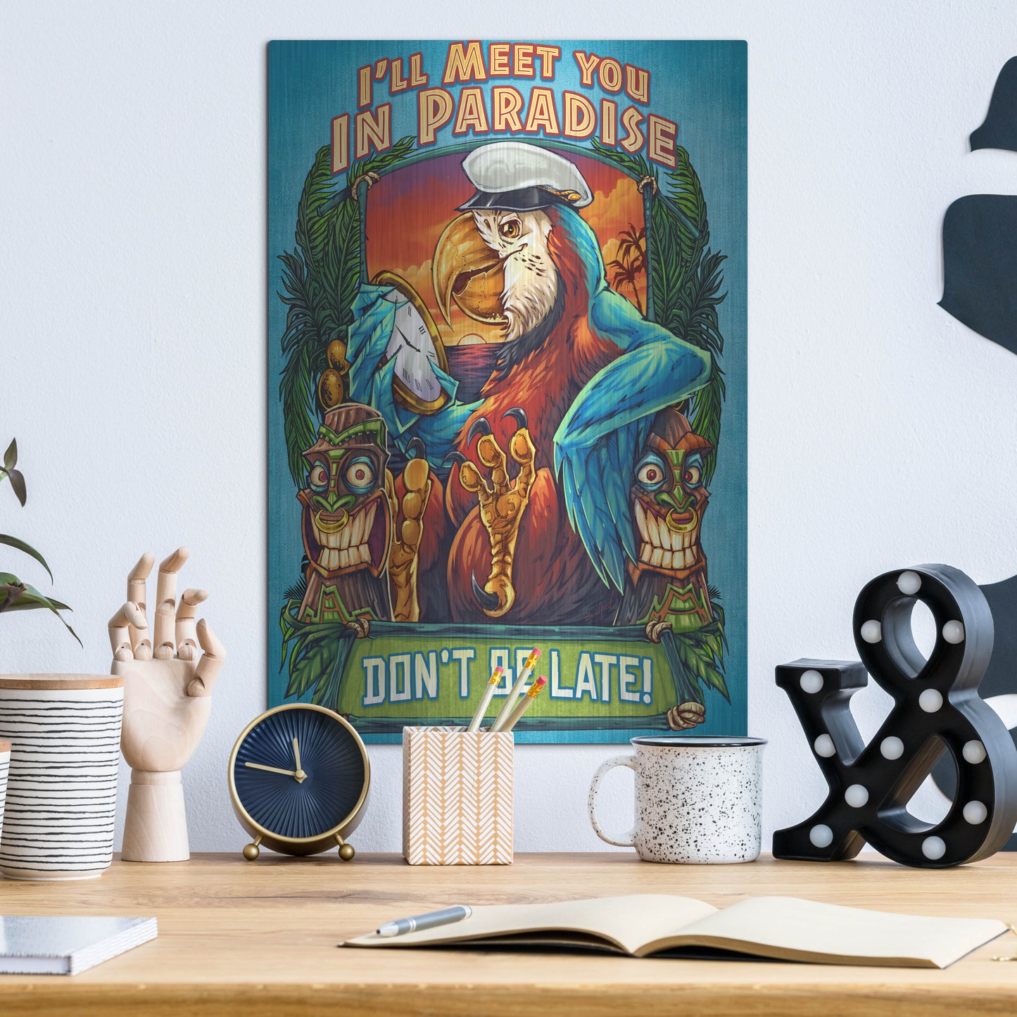 Luxe Metal Art 'Parrot and Tikis' by Flyland Designs, Metal Wall Art,12x16