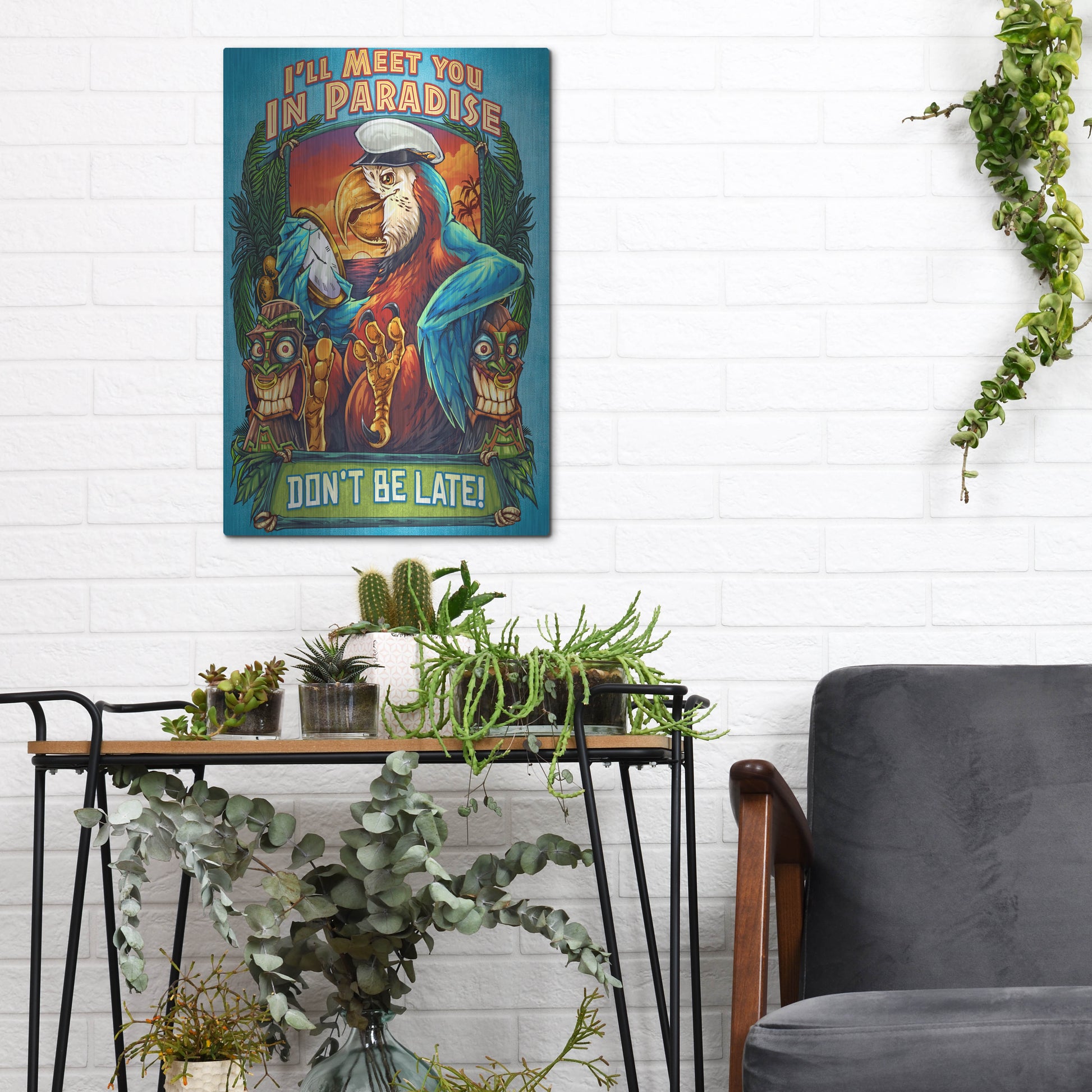 Luxe Metal Art 'Parrot and Tikis' by Flyland Designs, Metal Wall Art,12x16