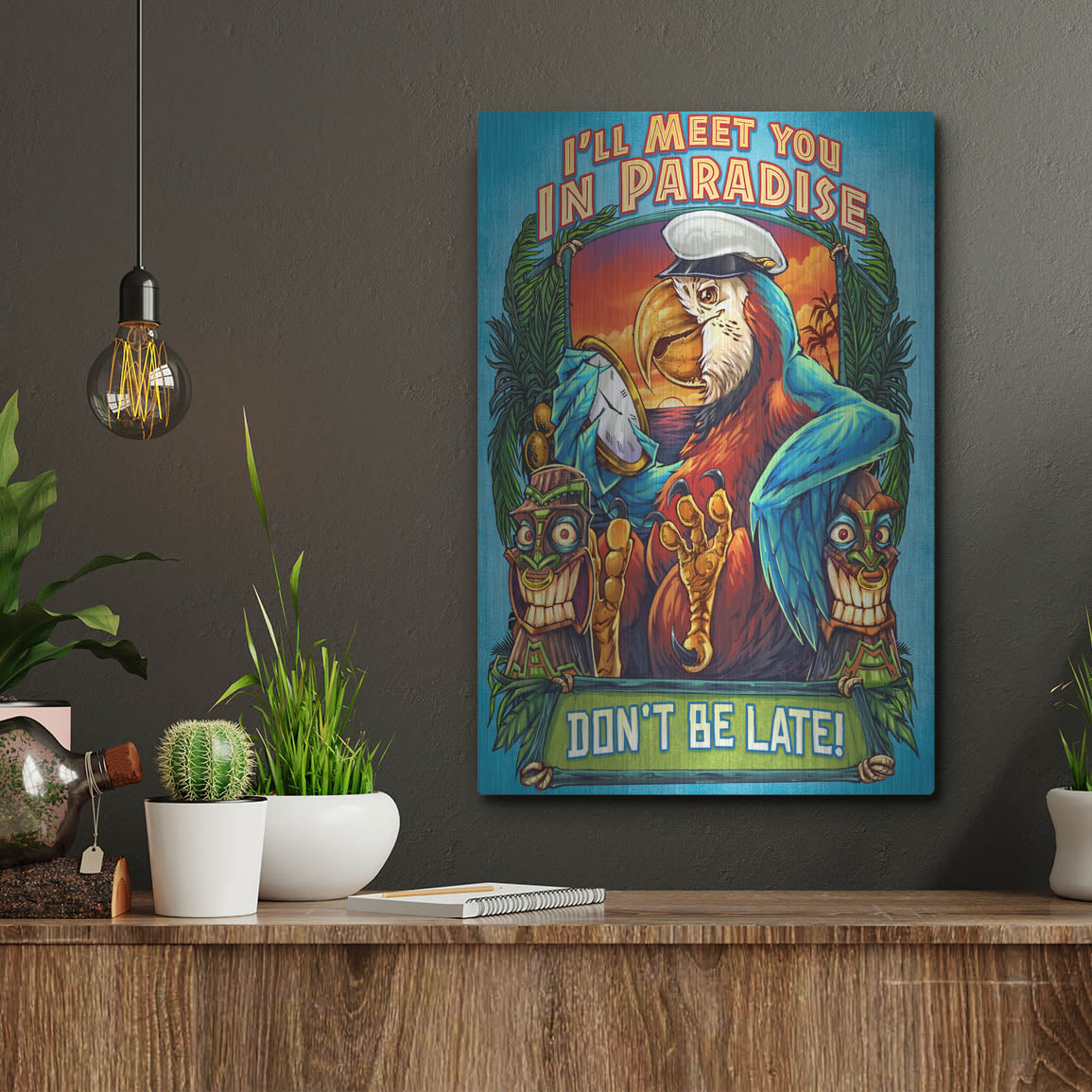 Luxe Metal Art 'Parrot and Tikis' by Flyland Designs, Metal Wall Art,12x16