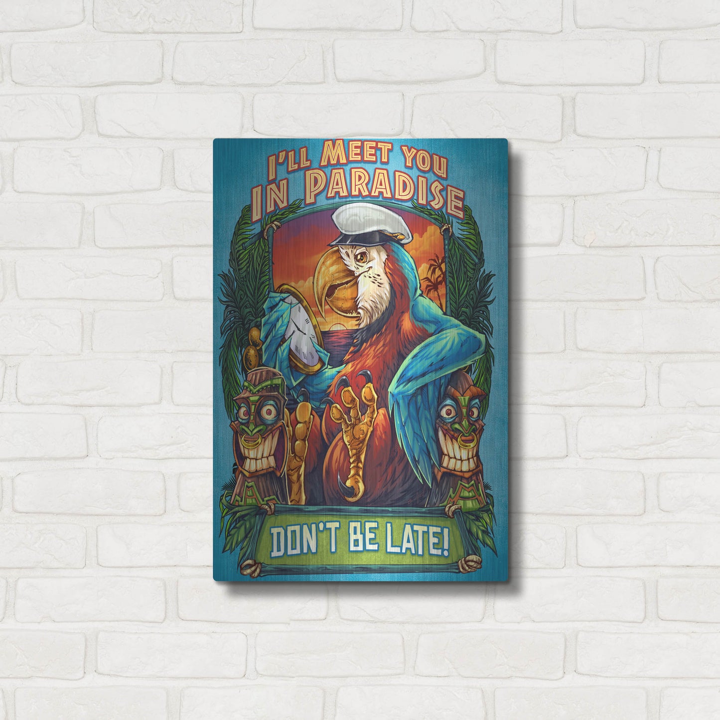 Luxe Metal Art 'Parrot and Tikis' by Flyland Designs, Metal Wall Art,16x24