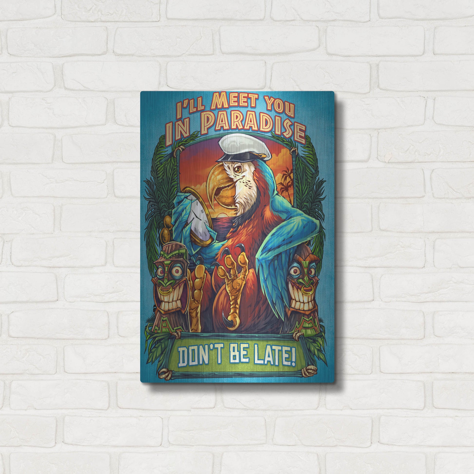 Luxe Metal Art 'Parrot and Tikis' by Flyland Designs, Metal Wall Art,16x24