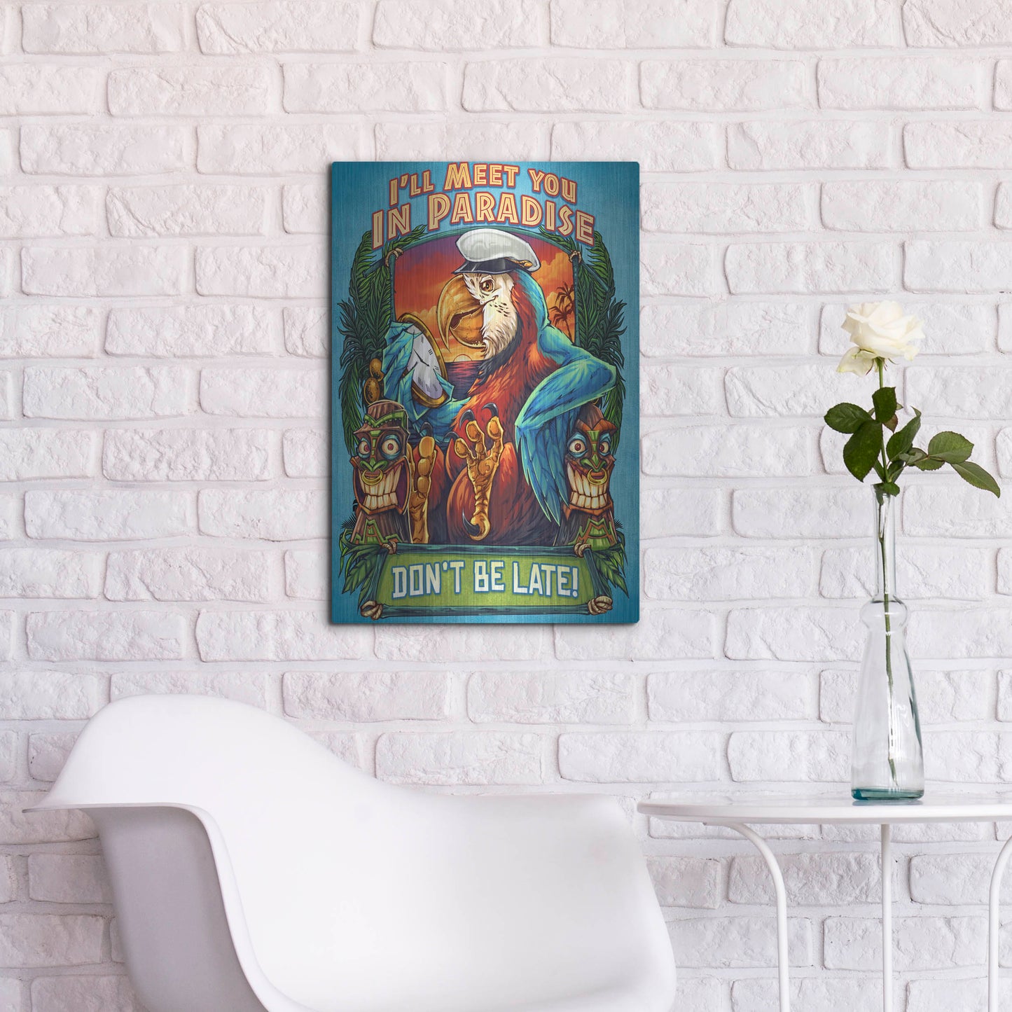 Luxe Metal Art 'Parrot and Tikis' by Flyland Designs, Metal Wall Art,16x24