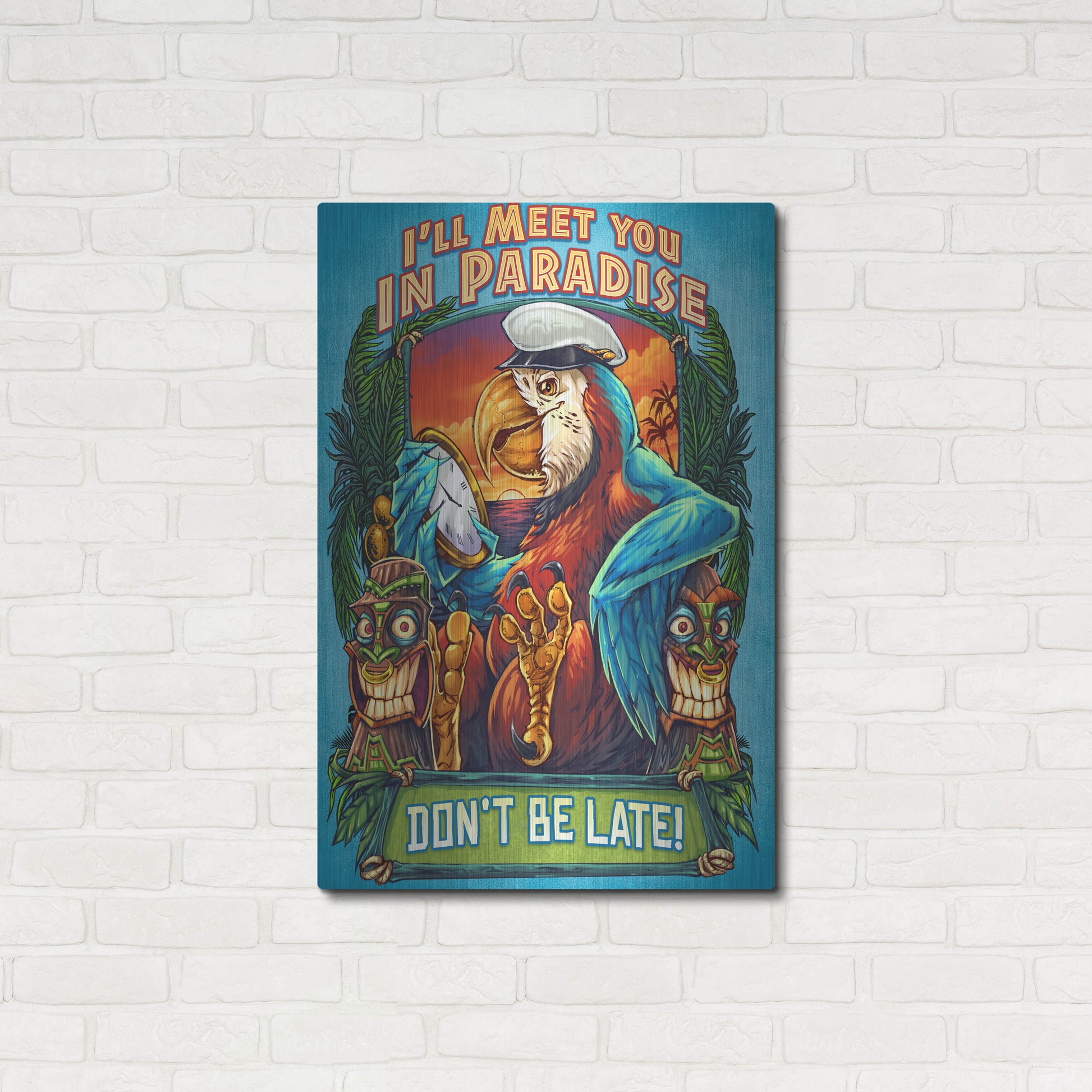 Luxe Metal Art 'Parrot and Tikis' by Flyland Designs, Metal Wall Art,24x36