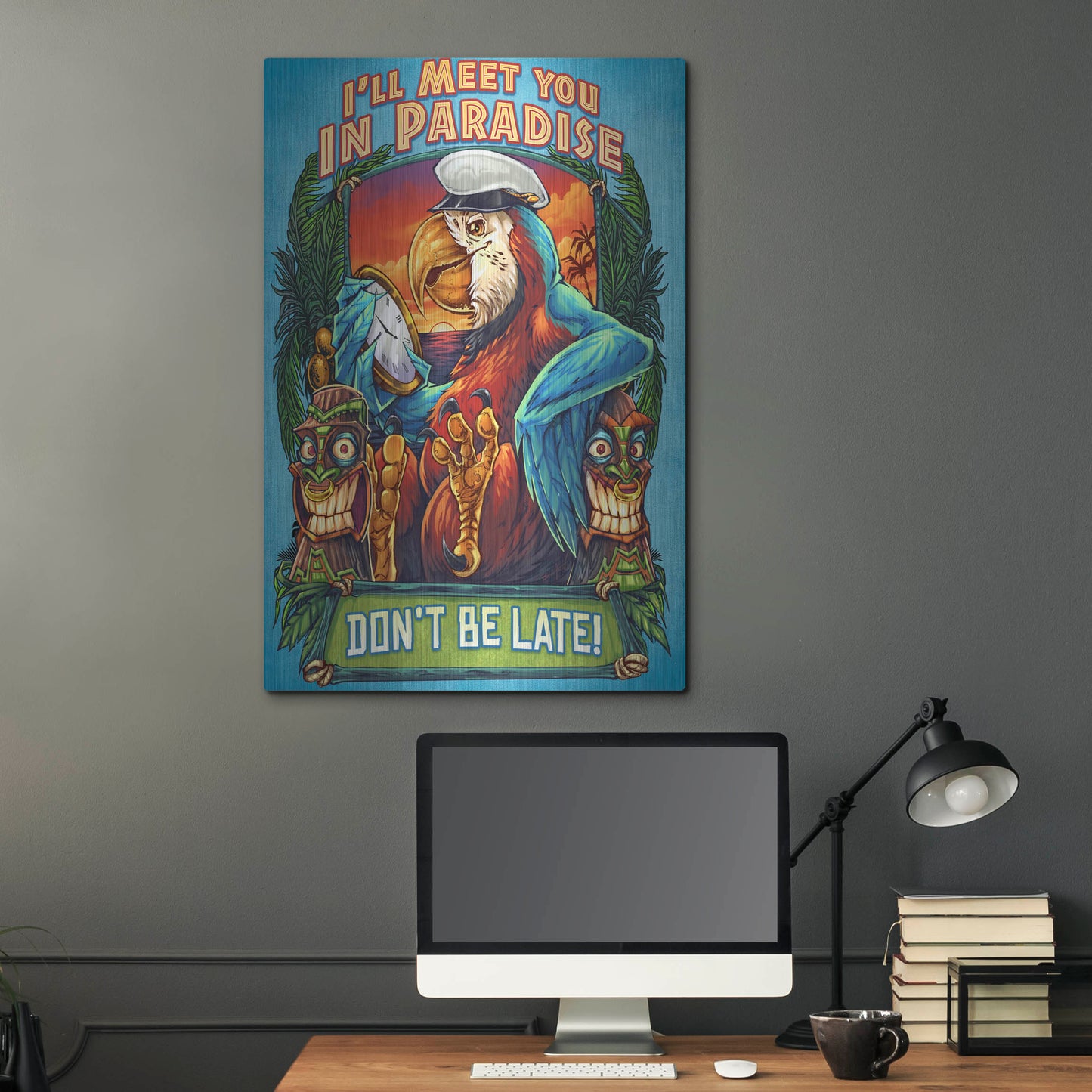 Luxe Metal Art 'Parrot and Tikis' by Flyland Designs, Metal Wall Art,24x36