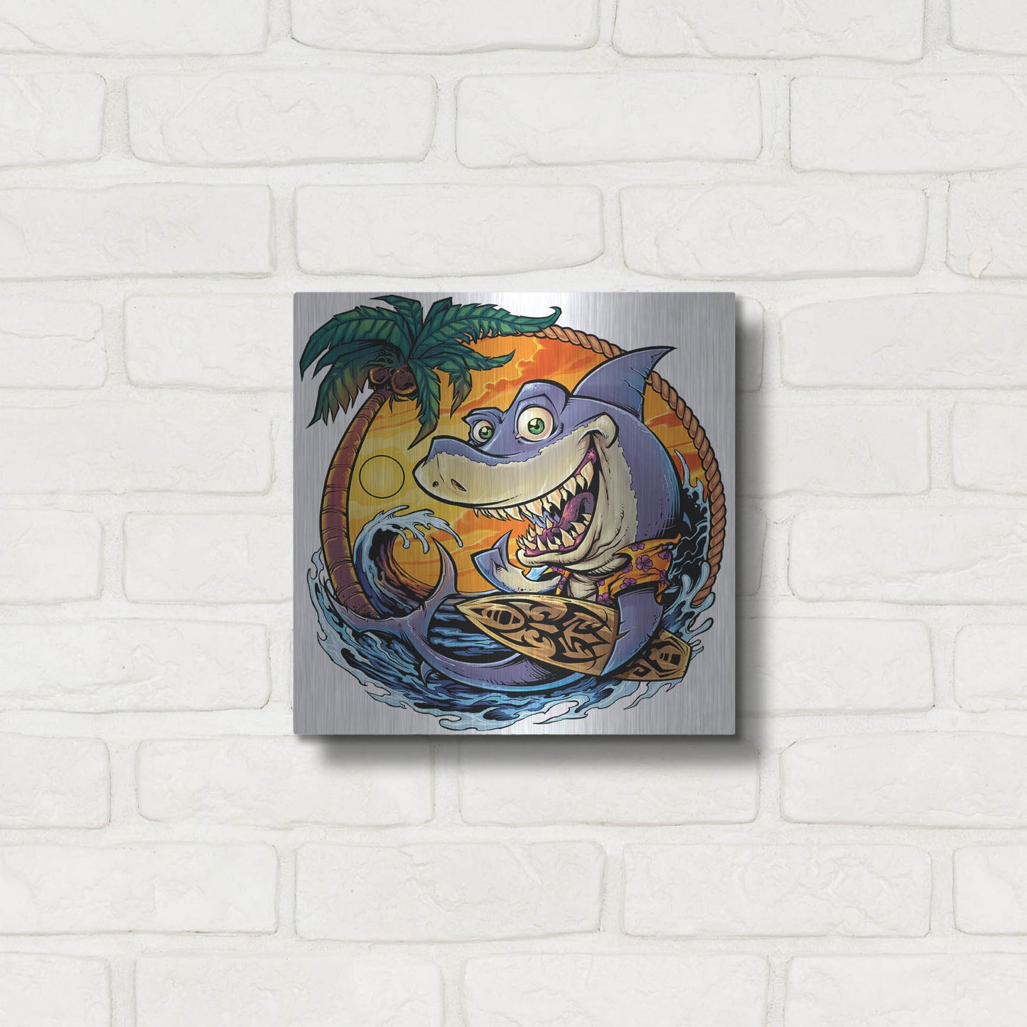 Luxe Metal Art 'Shark With Surfboard' by Flyland Designs, Metal Wall Art,12x12