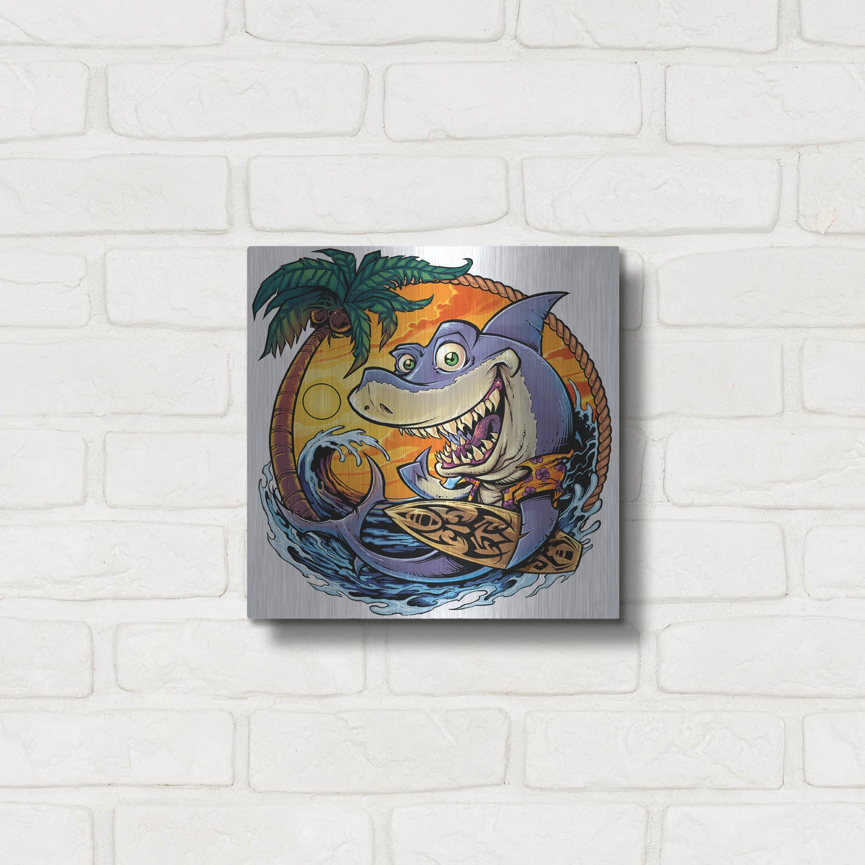 Luxe Metal Art 'Shark With Surfboard' by Flyland Designs, Metal Wall Art,12x12