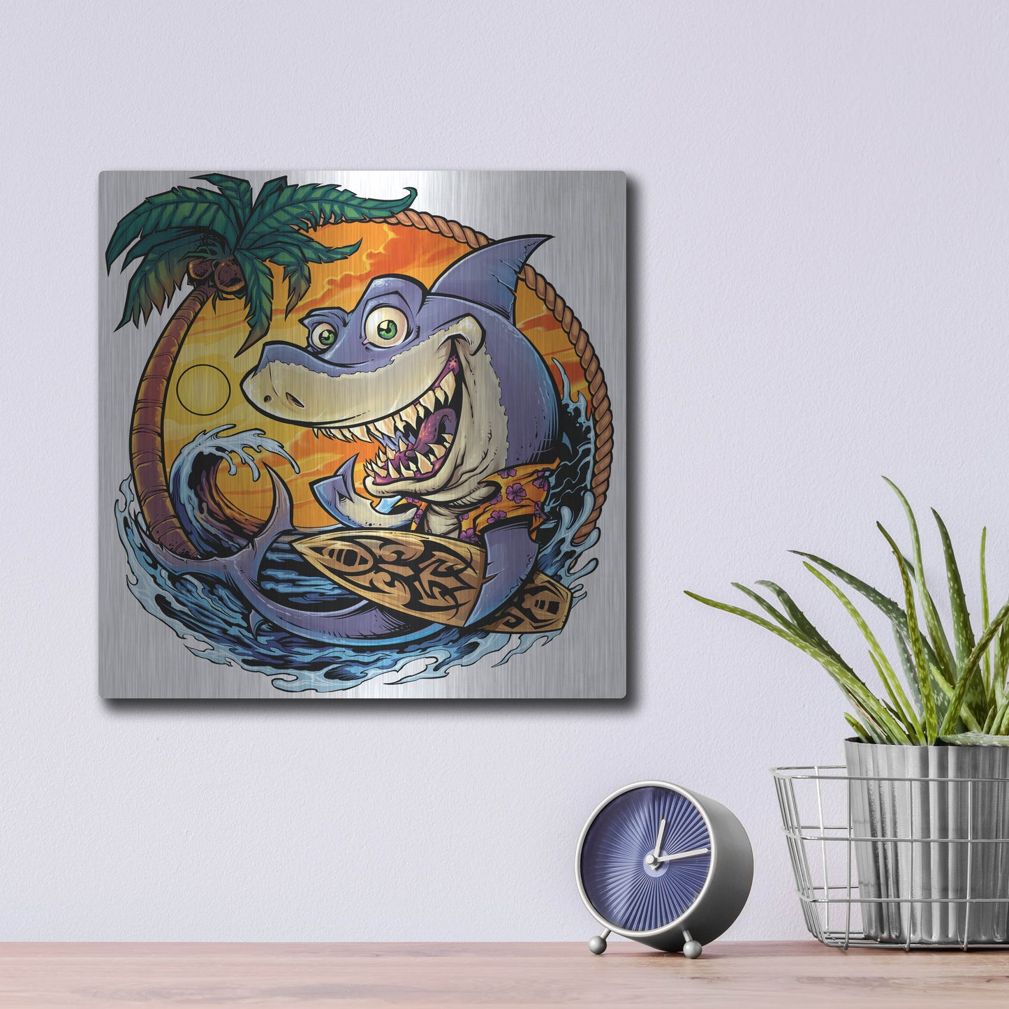 Luxe Metal Art 'Shark With Surfboard' by Flyland Designs, Metal Wall Art,12x12