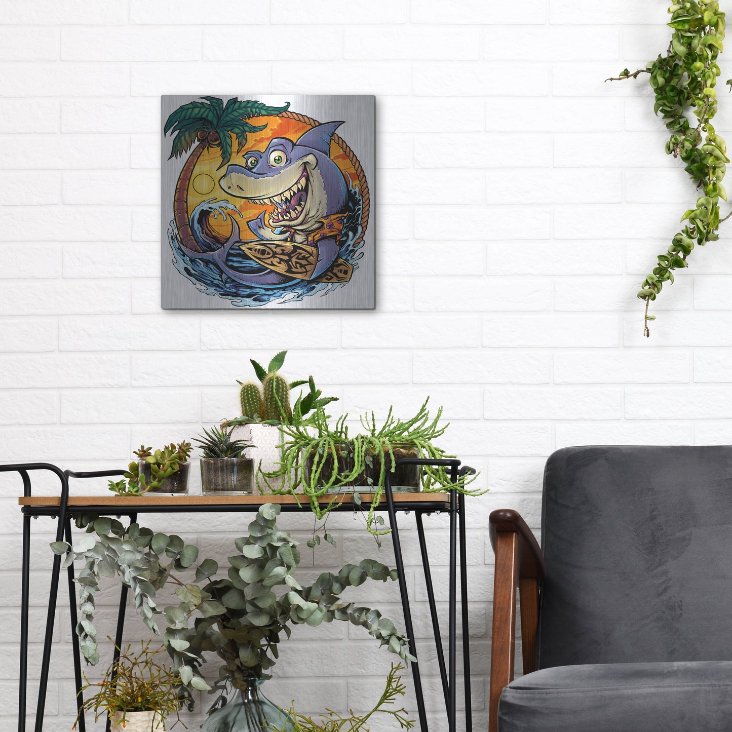 Luxe Metal Art 'Shark With Surfboard' by Flyland Designs, Metal Wall Art,12x12