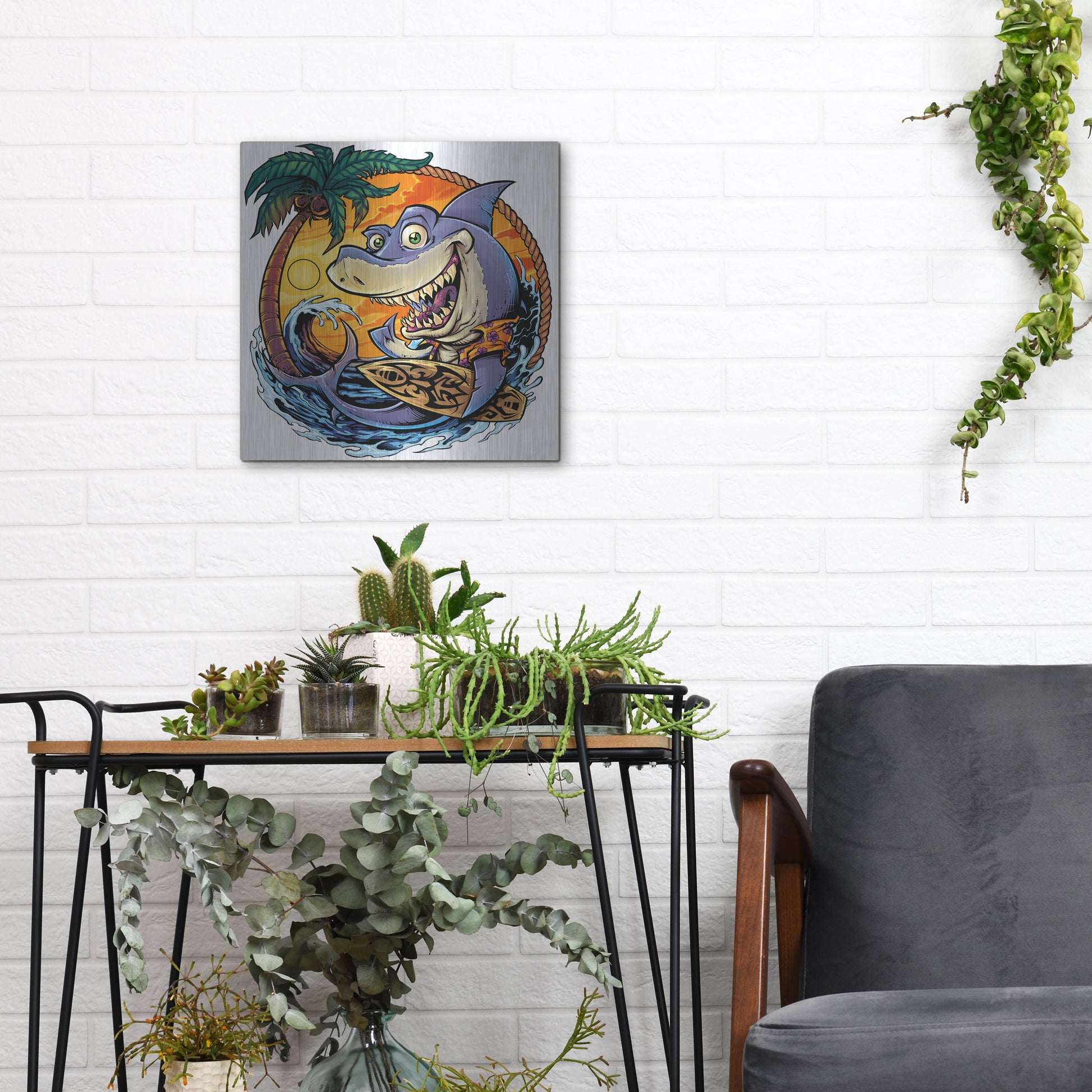 Luxe Metal Art 'Shark With Surfboard' by Flyland Designs, Metal Wall Art,12x12