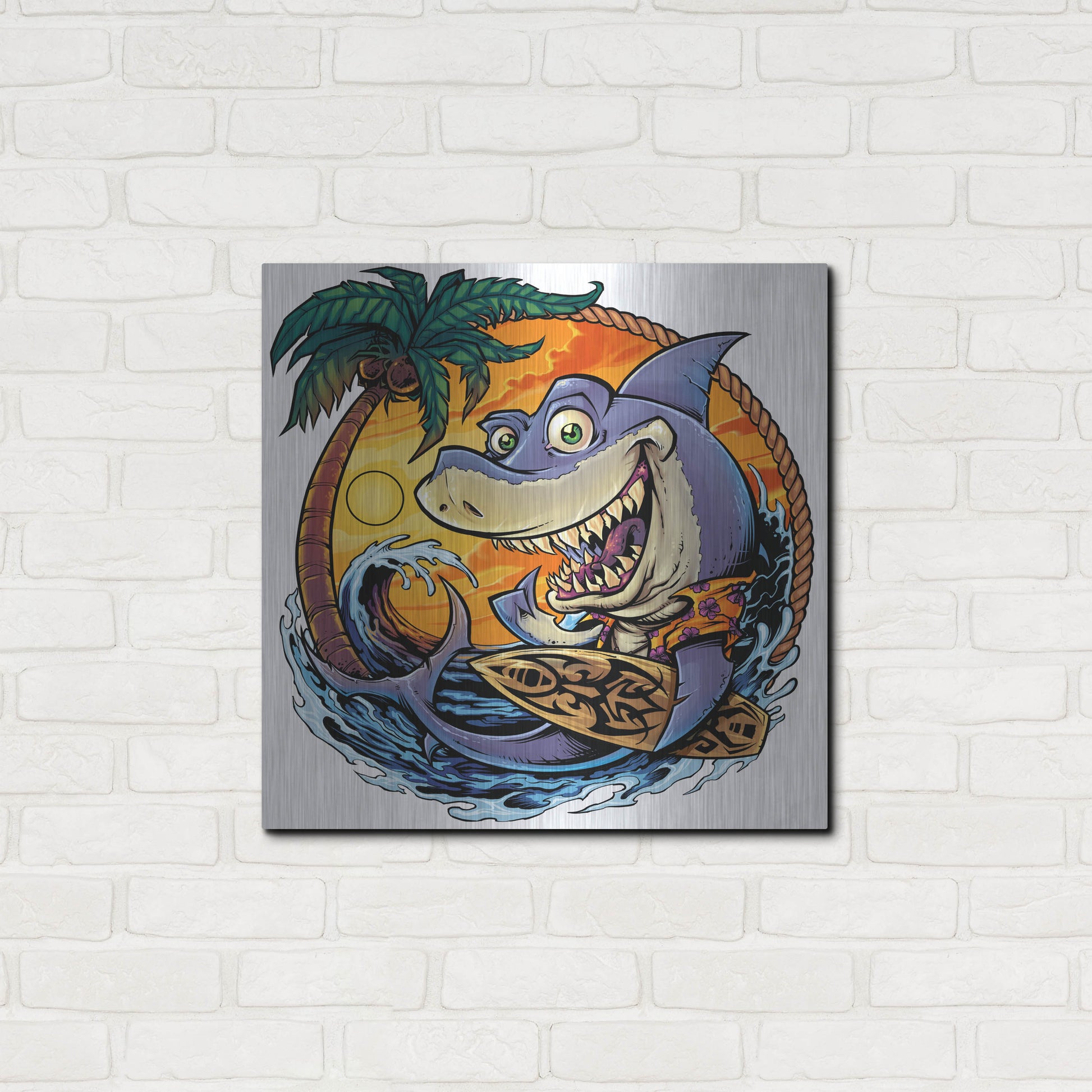 Luxe Metal Art 'Shark With Surfboard' by Flyland Designs, Metal Wall Art,24x24