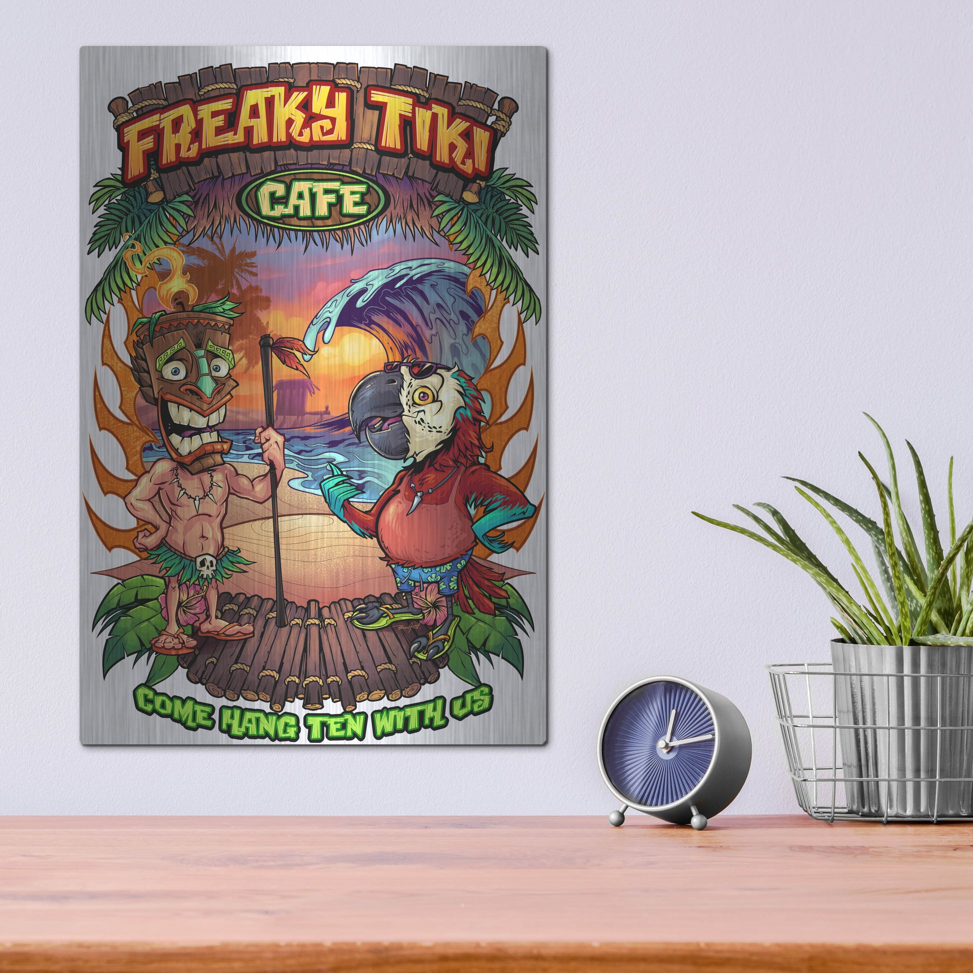 Luxe Metal Art 'Tiki and Parrot Island Template 2' by Flyland Designs, Metal Wall Art,12x16