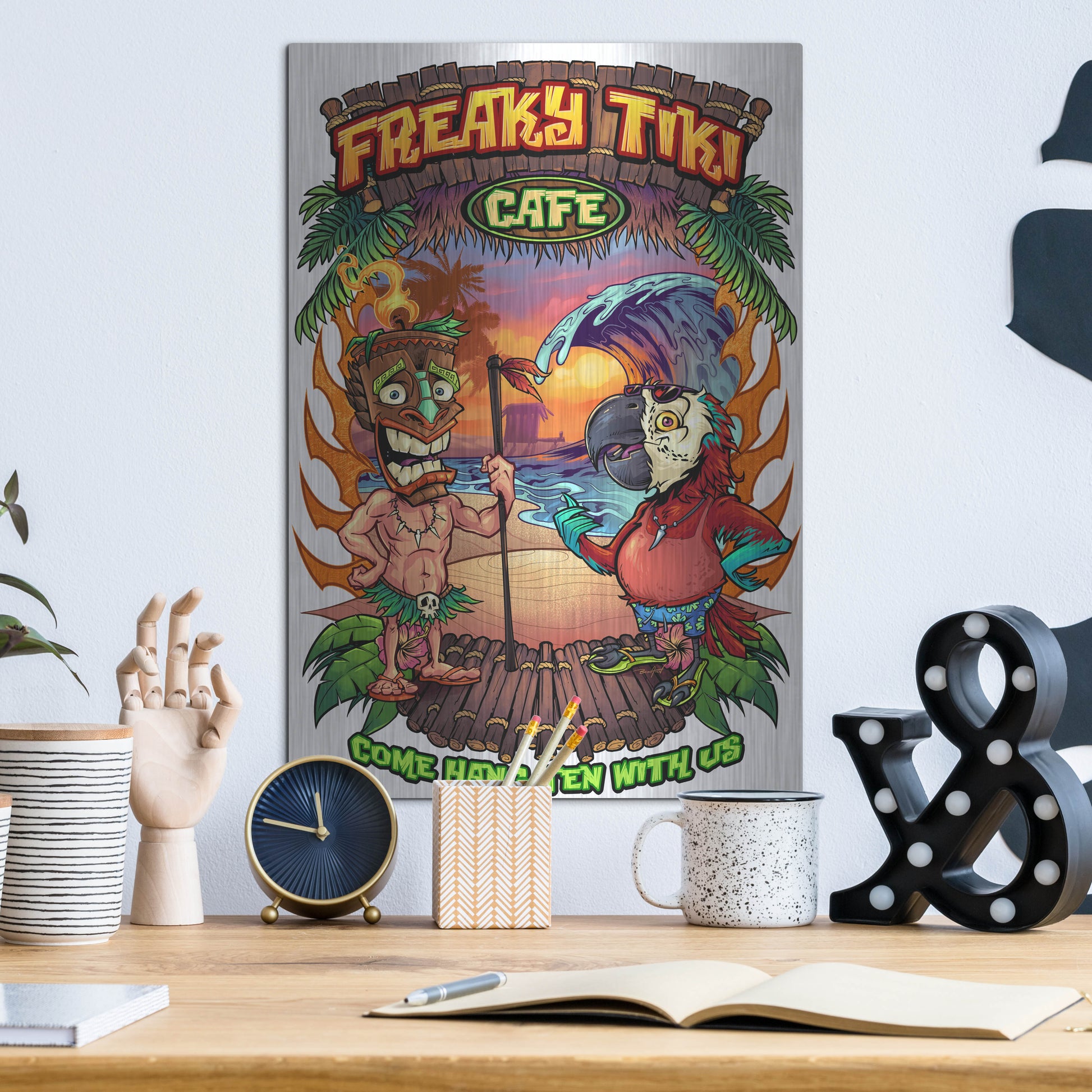 Luxe Metal Art 'Tiki and Parrot Island Template 2' by Flyland Designs, Metal Wall Art,12x16