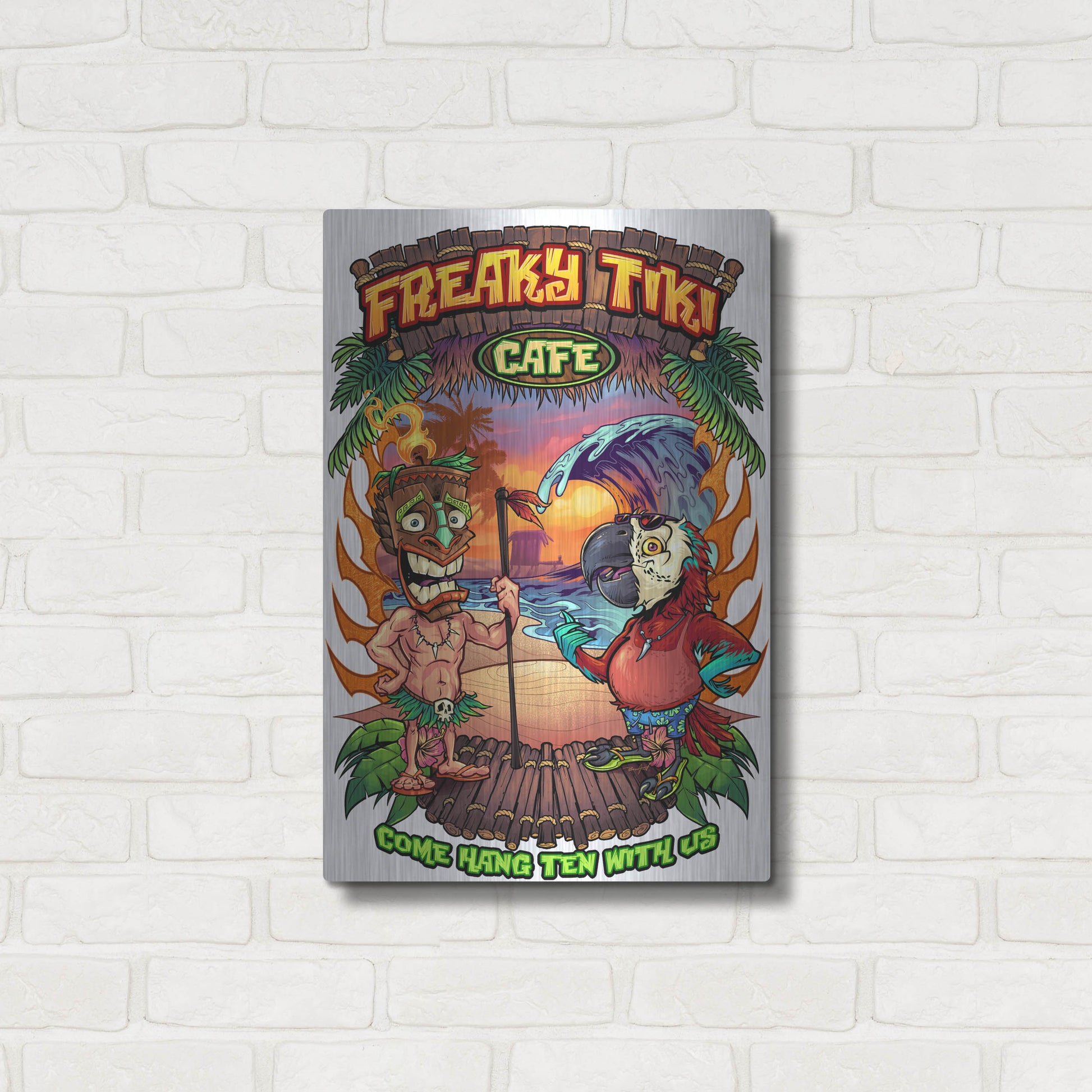 Luxe Metal Art 'Tiki and Parrot Island Template 2' by Flyland Designs, Metal Wall Art,16x24