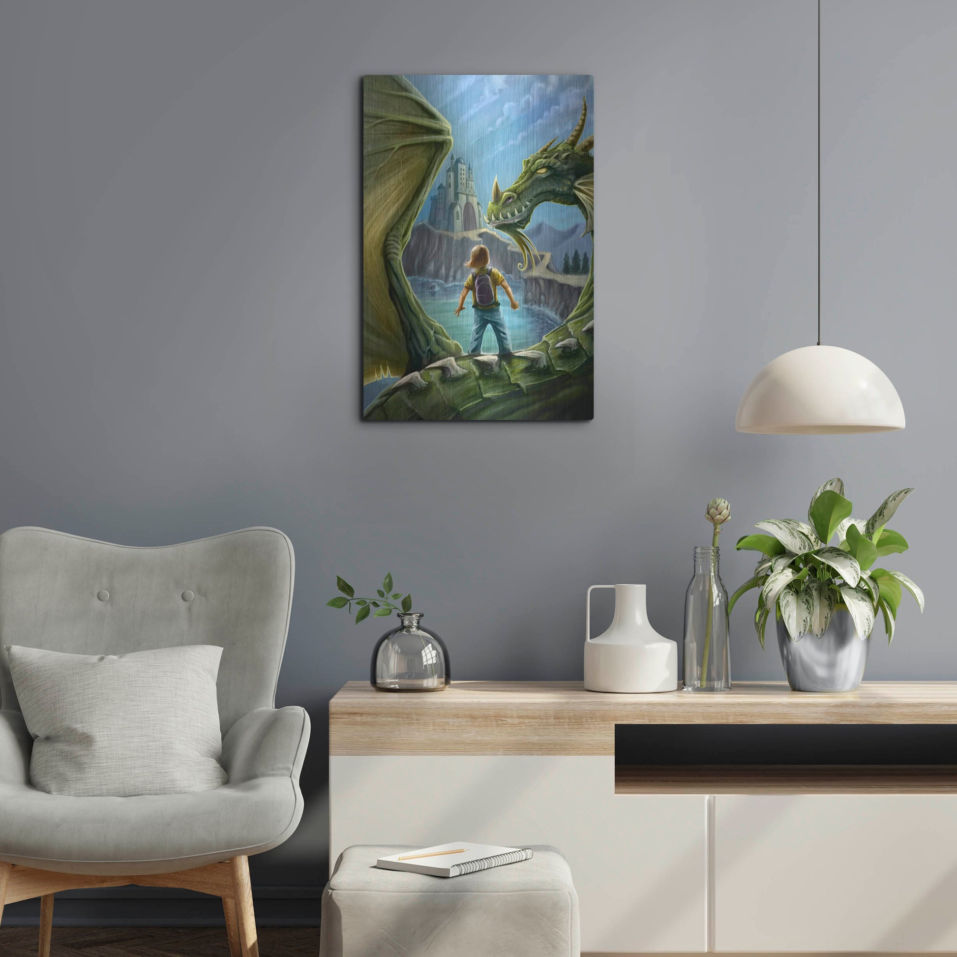 Luxe Metal Art 'Dragon And Castle' by Flyland Designs, Metal Wall Art,16x24