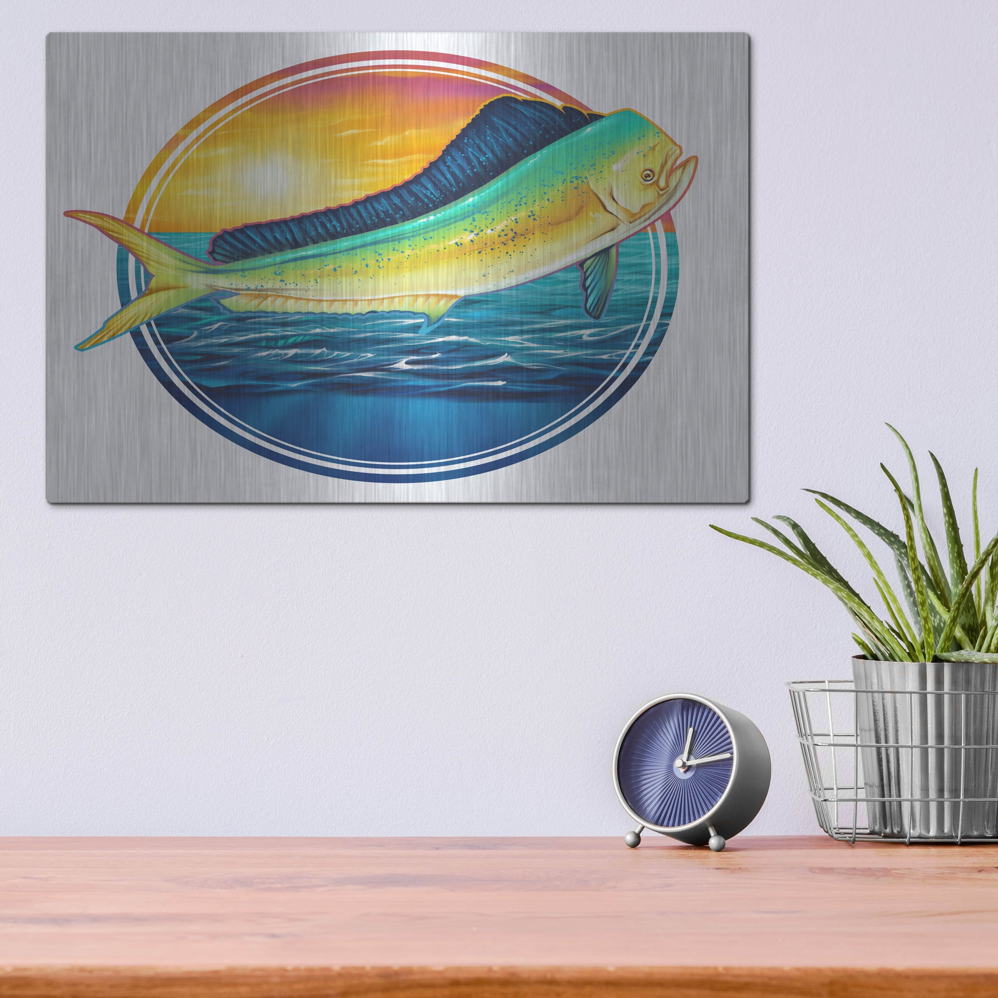 Luxe Metal Art 'Dolphin Fish Illustration' by Flyland Designs, Metal Wall Art,16x12