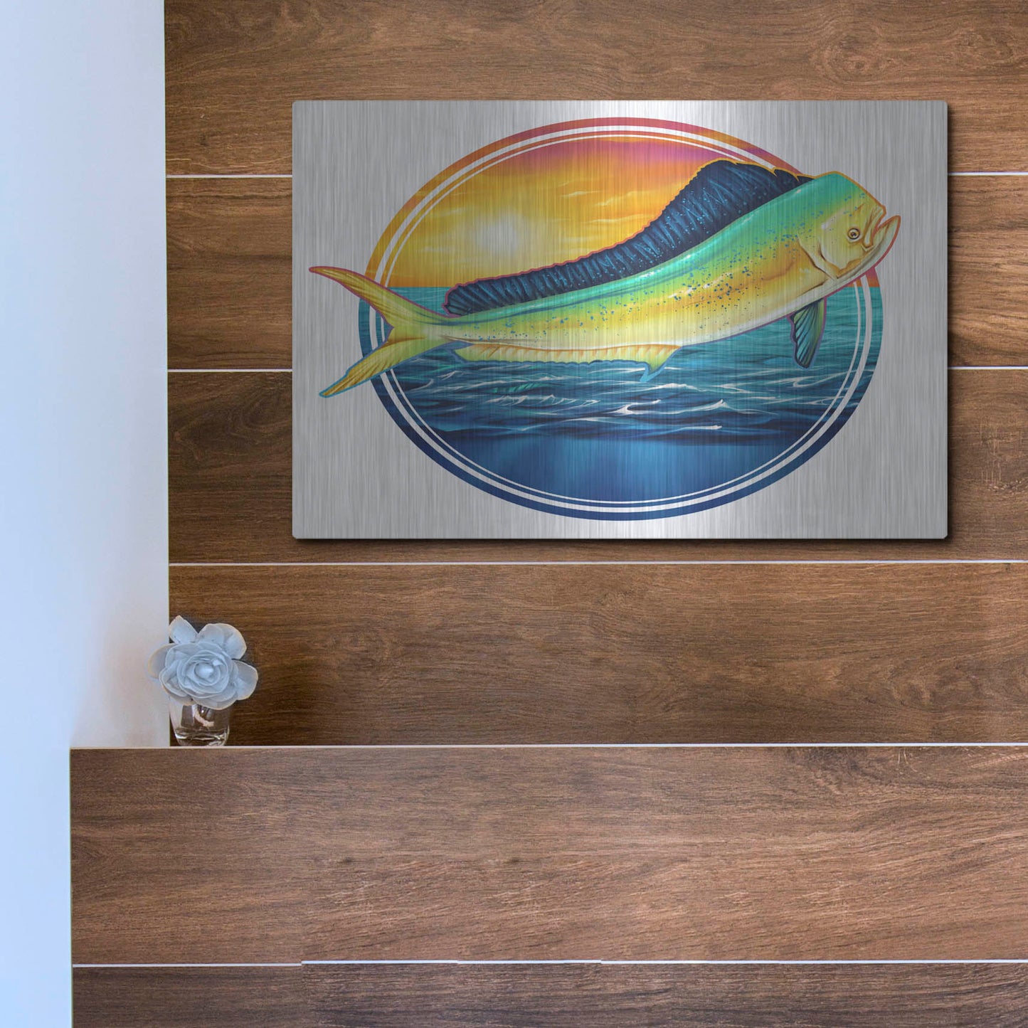 Luxe Metal Art 'Dolphin Fish Illustration' by Flyland Designs, Metal Wall Art,16x12
