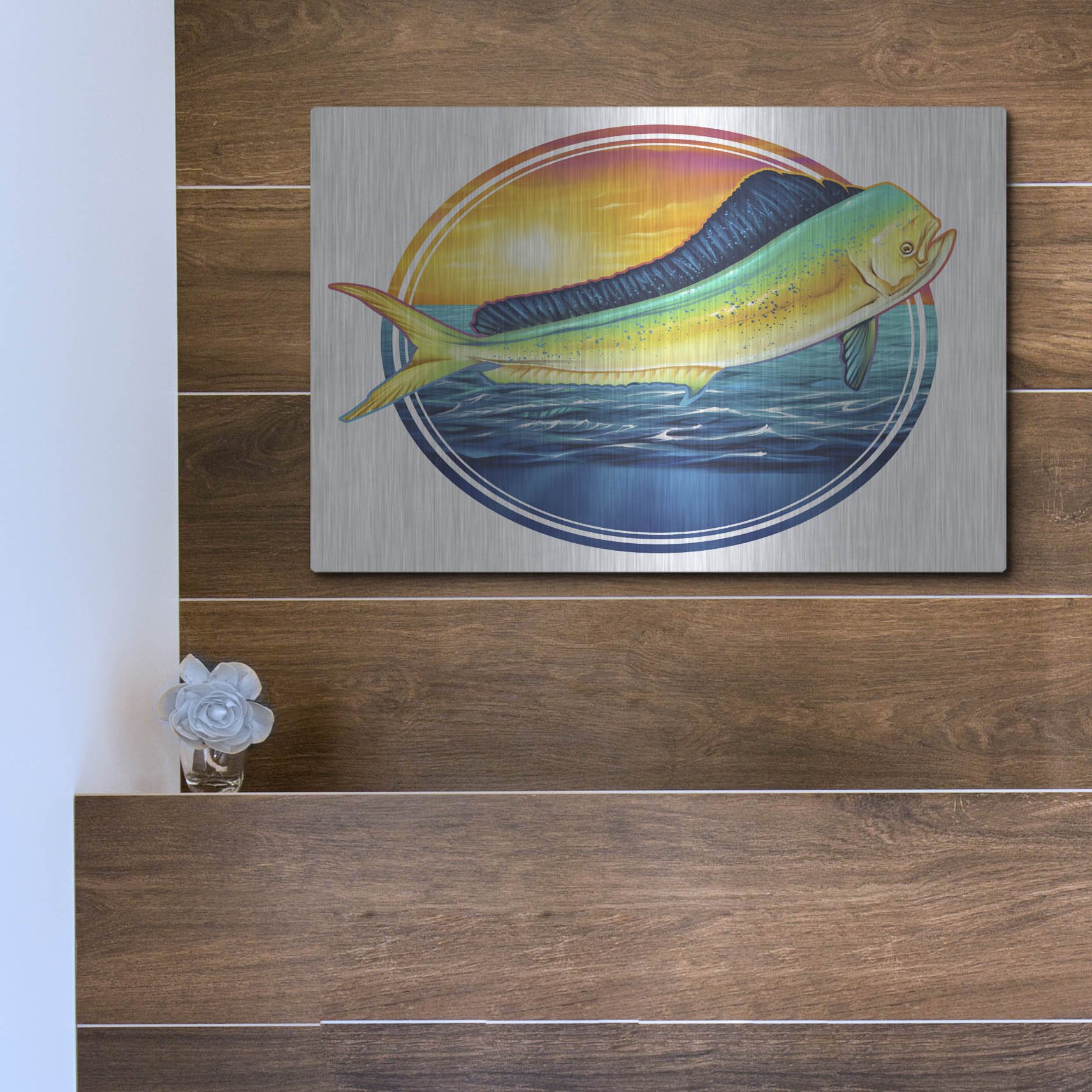 Luxe Metal Art 'Dolphin Fish Illustration' by Flyland Designs, Metal Wall Art,16x12