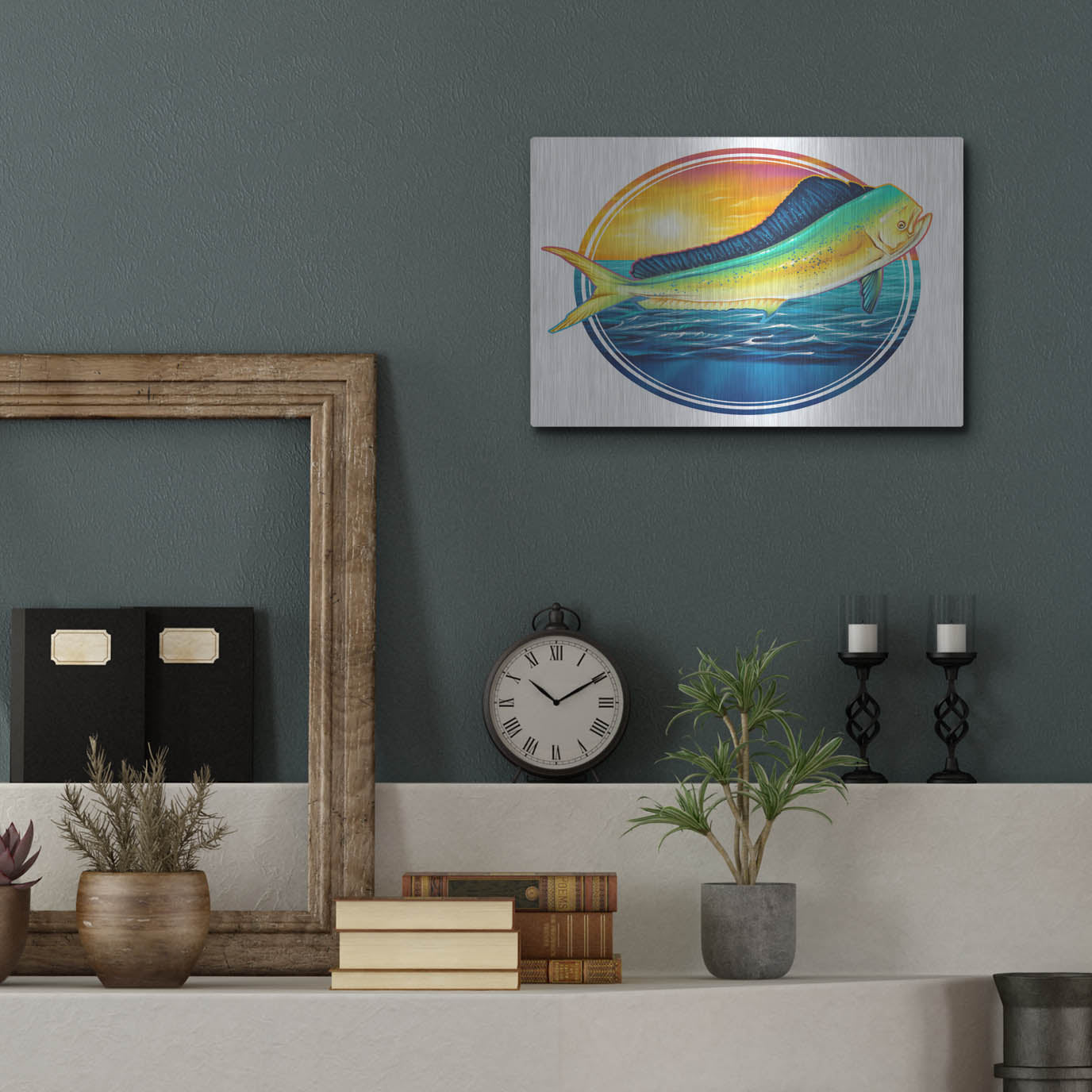Luxe Metal Art 'Dolphin Fish Illustration' by Flyland Designs, Metal Wall Art,16x12