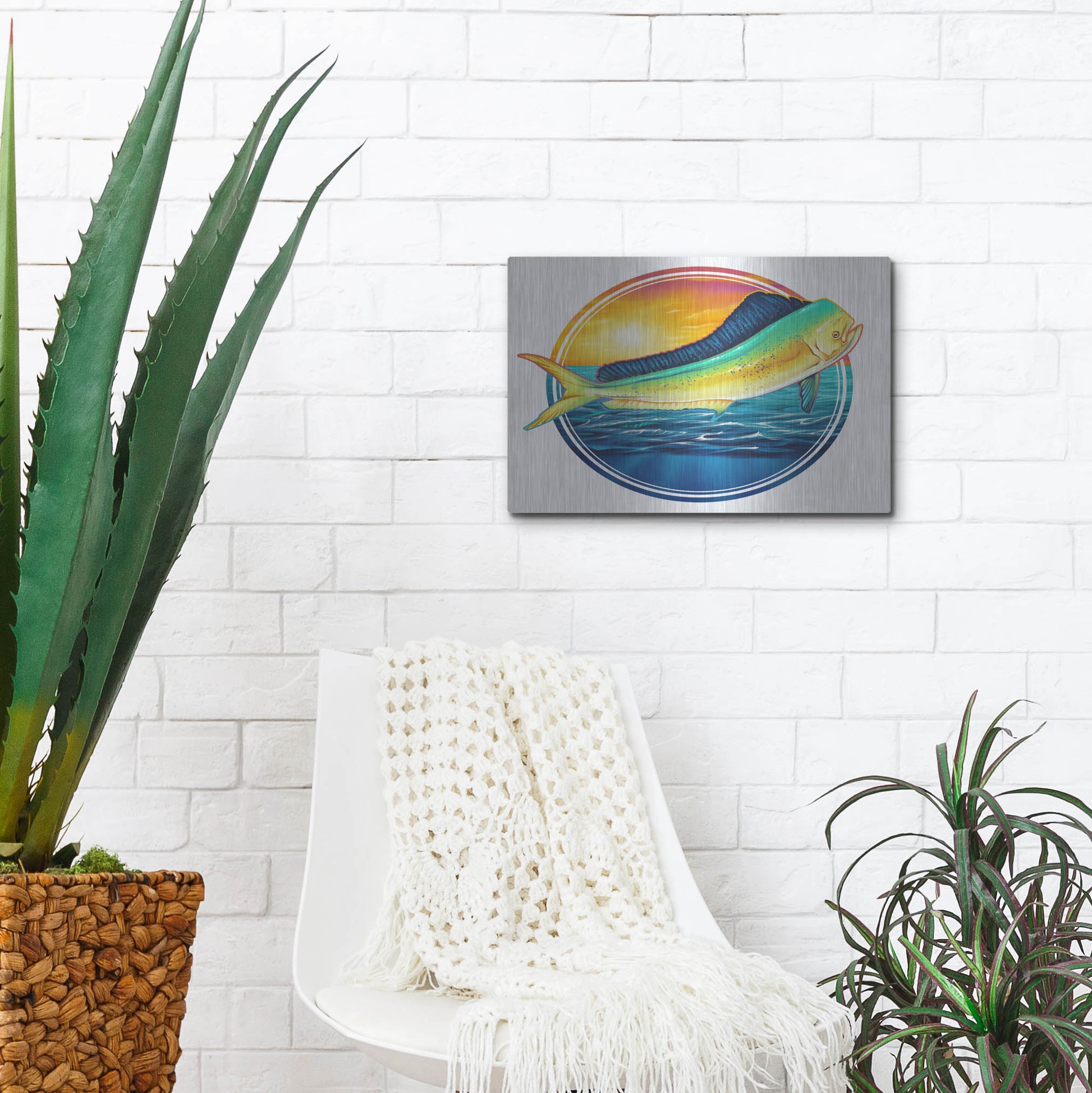 Luxe Metal Art 'Dolphin Fish Illustration' by Flyland Designs, Metal Wall Art,16x12