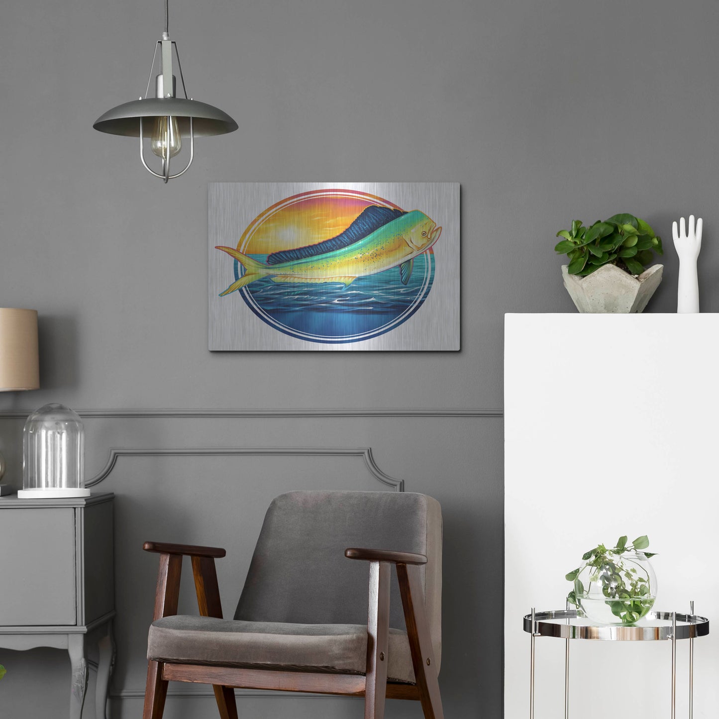 Luxe Metal Art 'Dolphin Fish Illustration' by Flyland Designs, Metal Wall Art,24x16