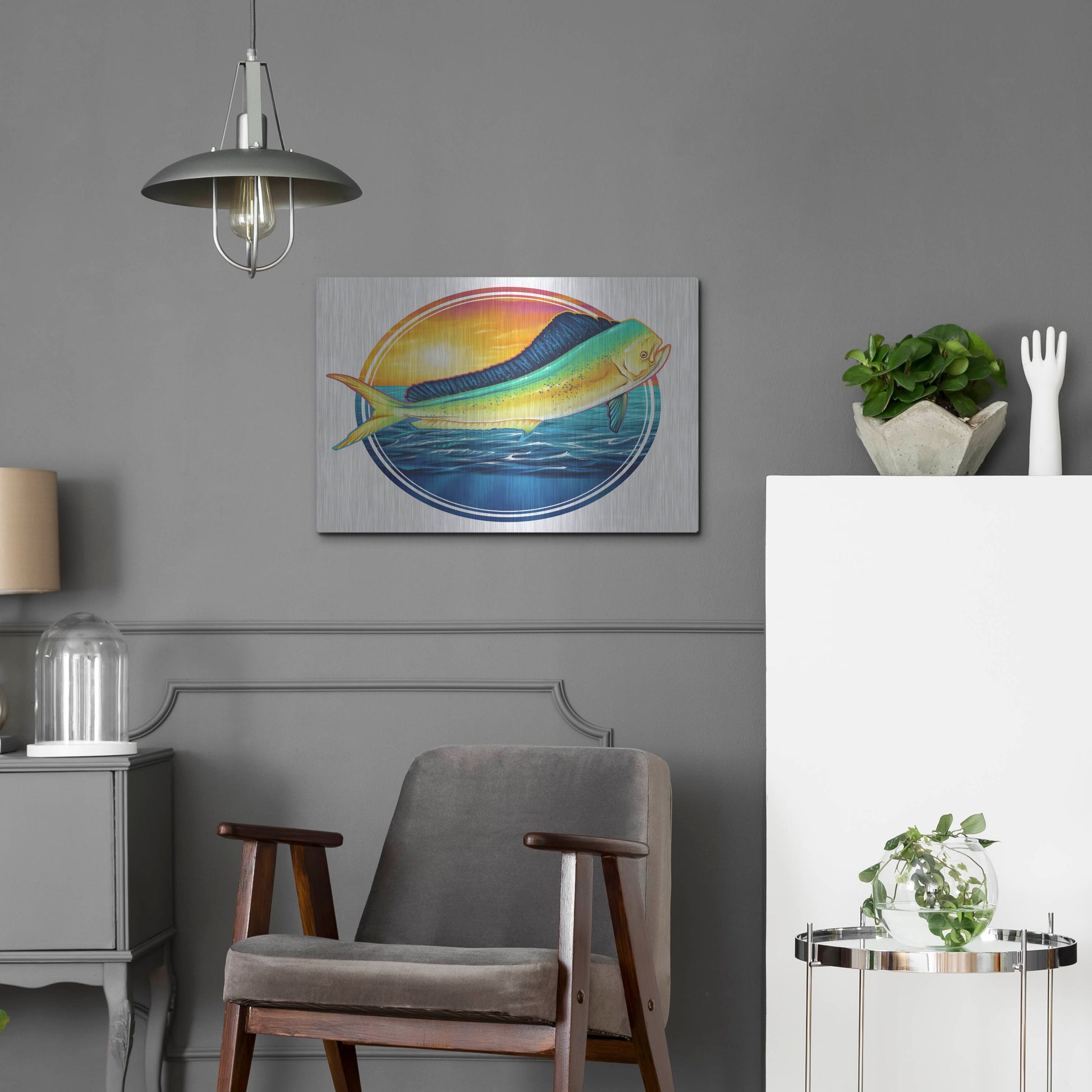 Luxe Metal Art 'Dolphin Fish Illustration' by Flyland Designs, Metal Wall Art,24x16