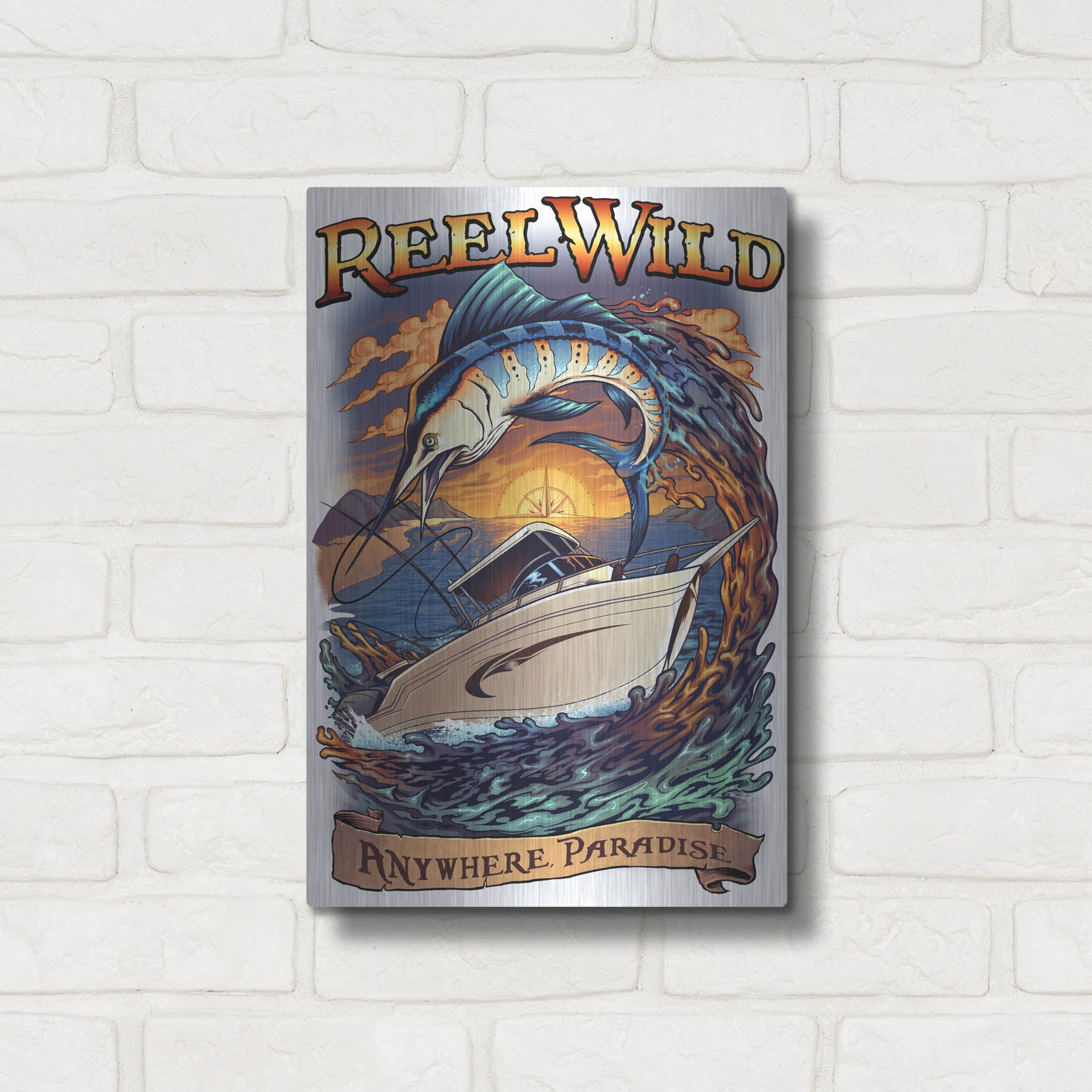 Luxe Metal Art 'Marlin Fishing Boat Reel Wild' by Flyland Designs, Metal Wall Art,12x16