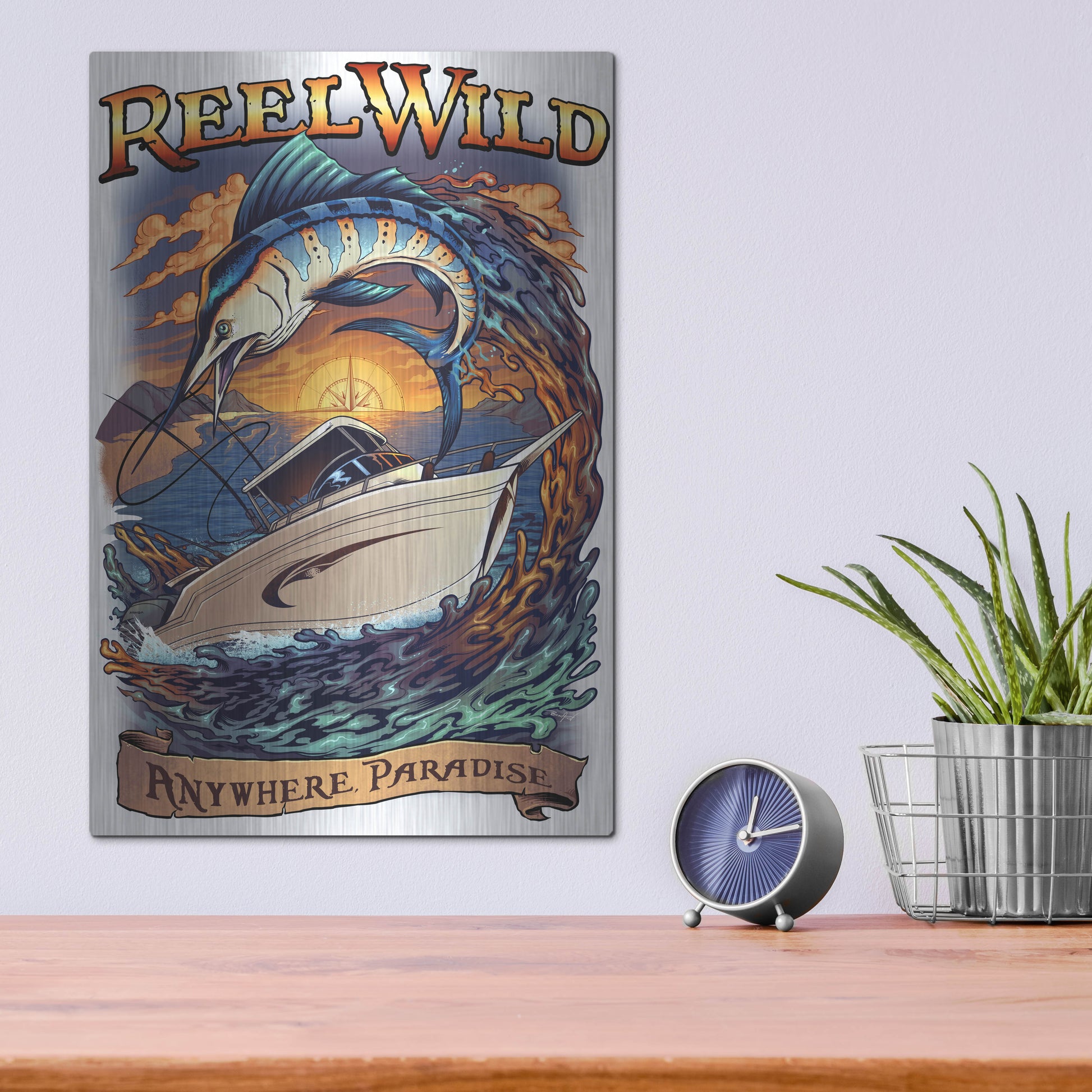 Luxe Metal Art 'Marlin Fishing Boat Reel Wild' by Flyland Designs, Metal Wall Art,12x16