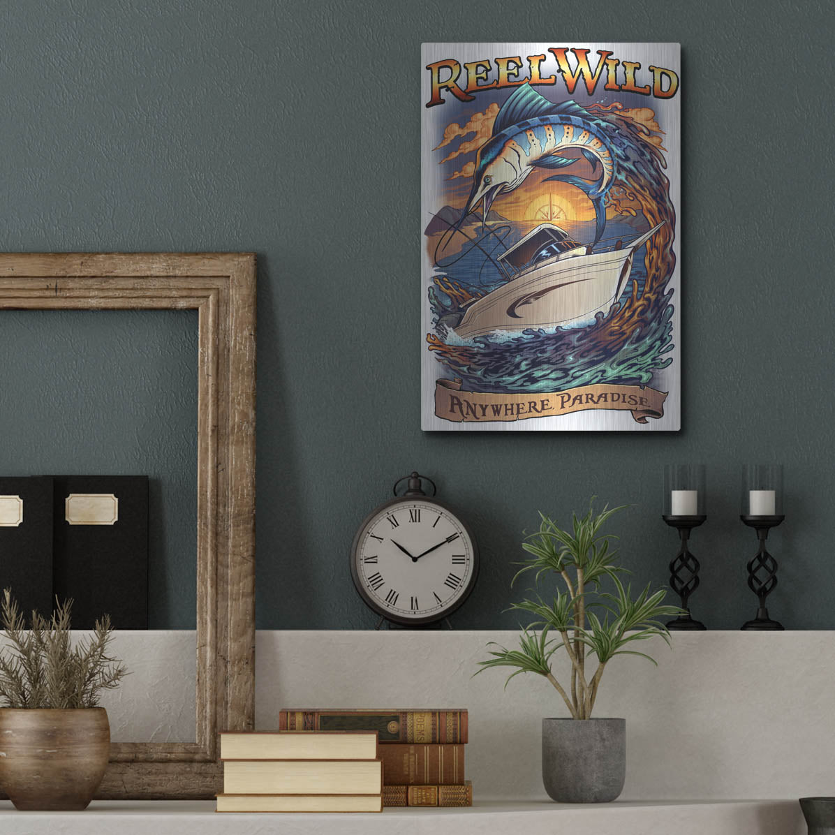 Luxe Metal Art 'Marlin Fishing Boat Reel Wild' by Flyland Designs, Metal Wall Art,12x16