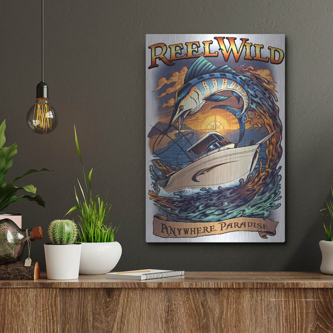 Luxe Metal Art 'Marlin Fishing Boat Reel Wild' by Flyland Designs, Metal Wall Art,12x16