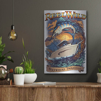 Luxe Metal Art 'Marlin Fishing Boat Reel Wild' by Flyland Designs, Metal Wall Art,12x16