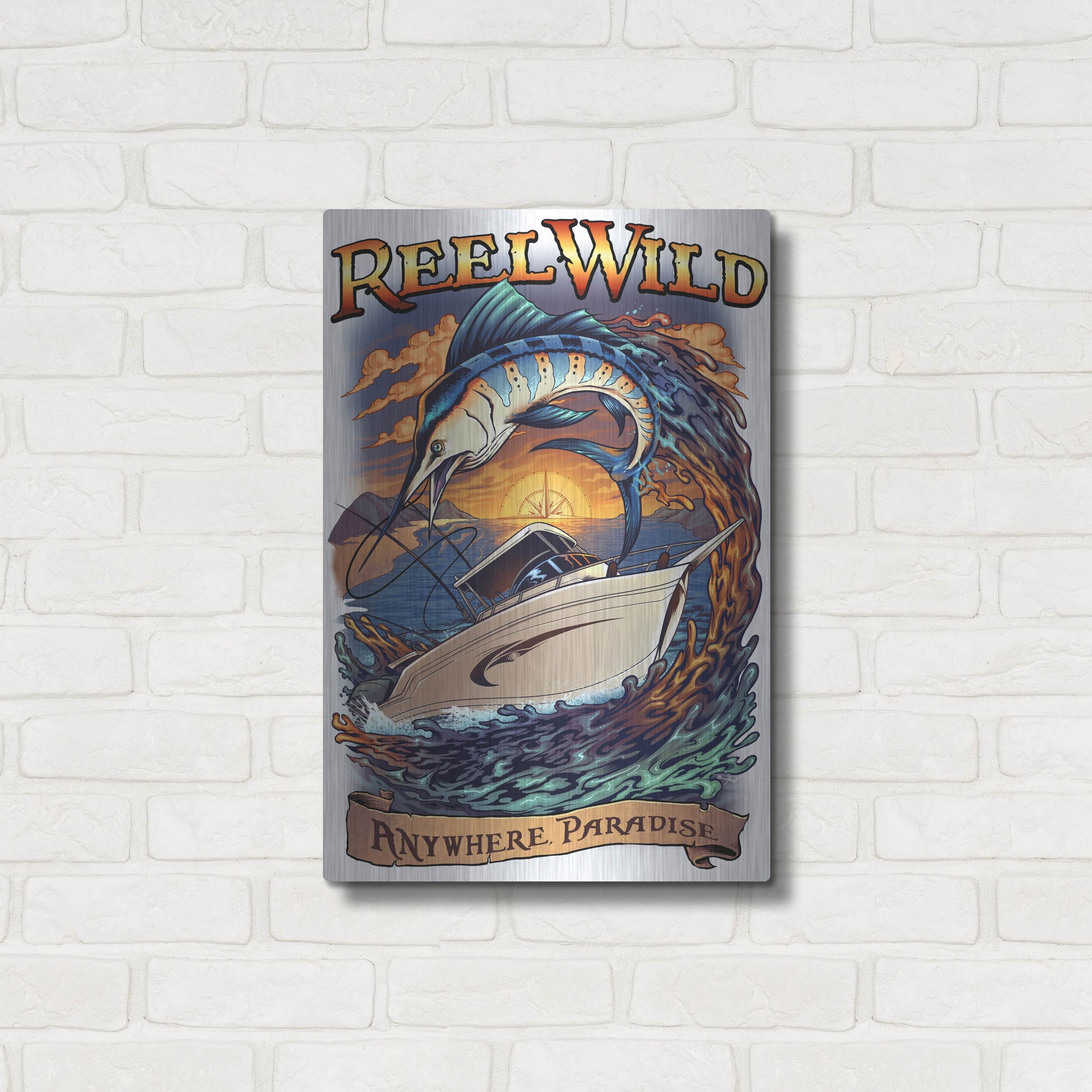 Luxe Metal Art 'Marlin Fishing Boat Reel Wild' by Flyland Designs, Metal Wall Art,16x24