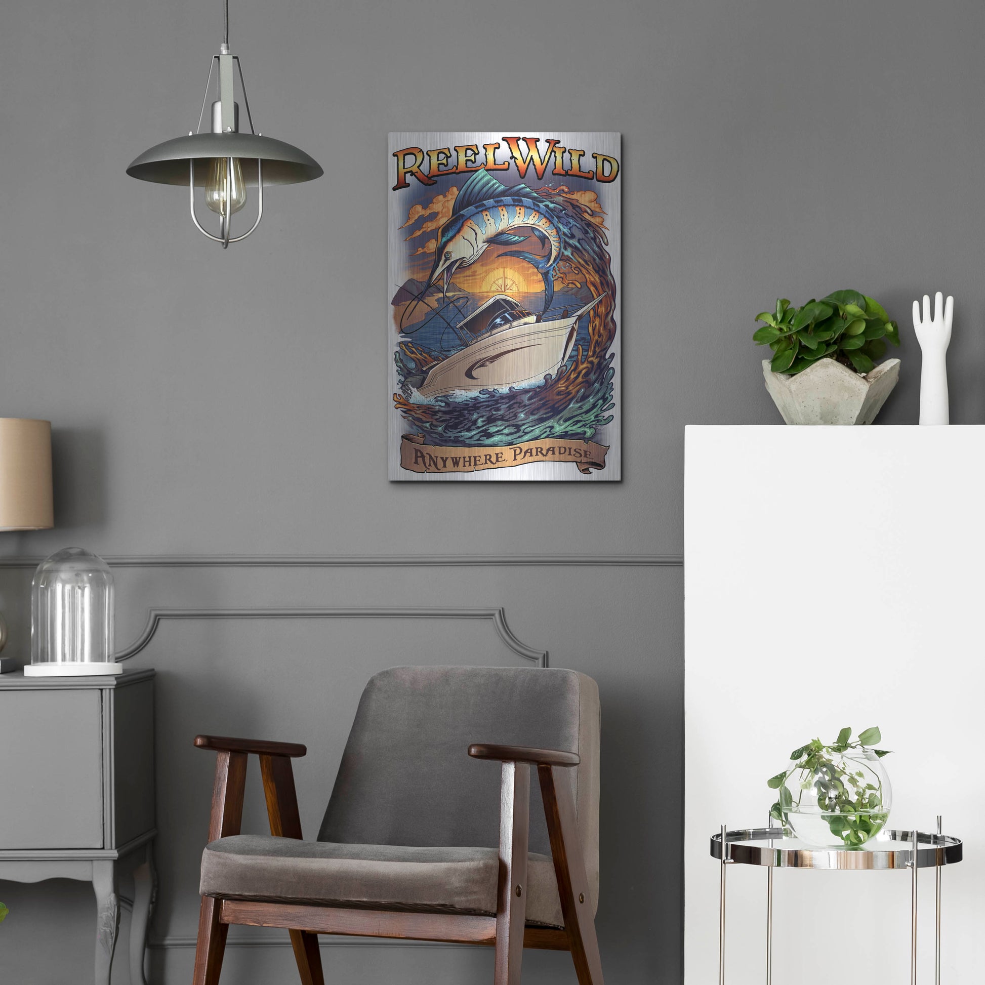 Luxe Metal Art 'Marlin Fishing Boat Reel Wild' by Flyland Designs, Metal Wall Art,16x24