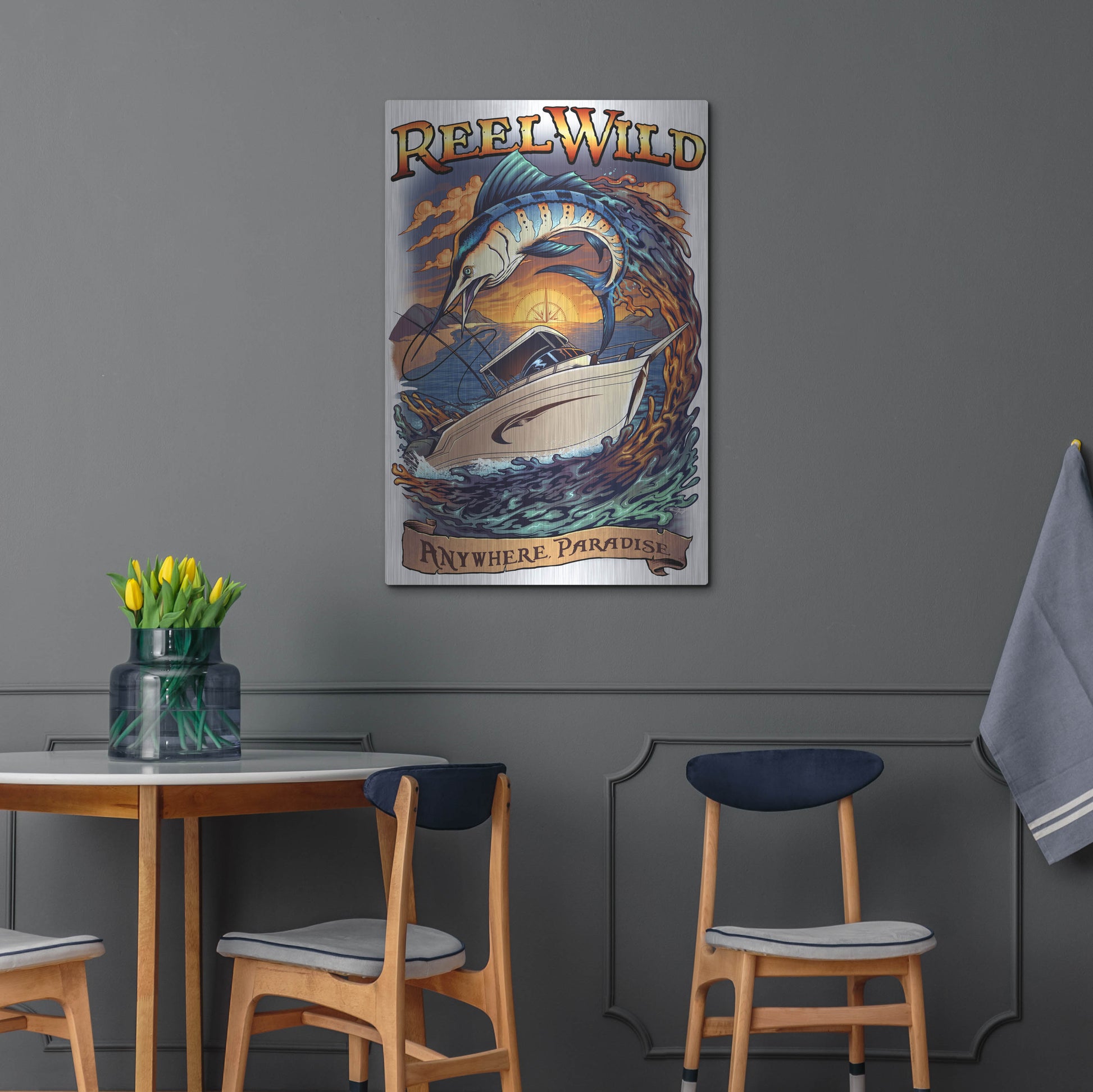 Luxe Metal Art 'Marlin Fishing Boat Reel Wild' by Flyland Designs, Metal Wall Art,24x36