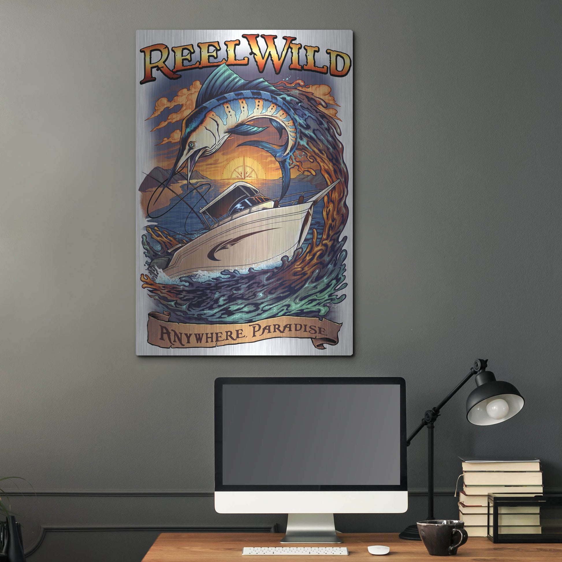 Luxe Metal Art 'Marlin Fishing Boat Reel Wild' by Flyland Designs, Metal Wall Art,24x36