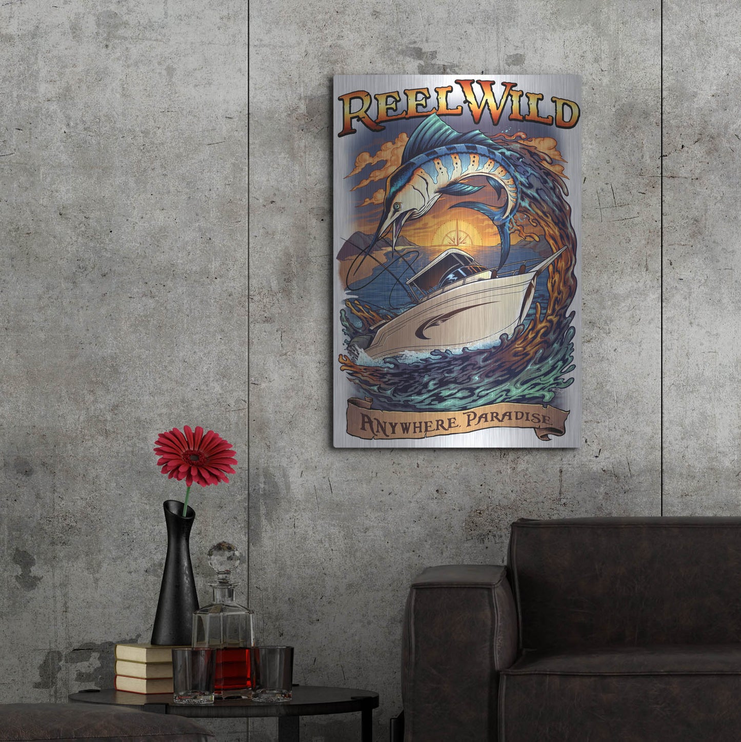 Luxe Metal Art 'Marlin Fishing Boat Reel Wild' by Flyland Designs, Metal Wall Art,24x36