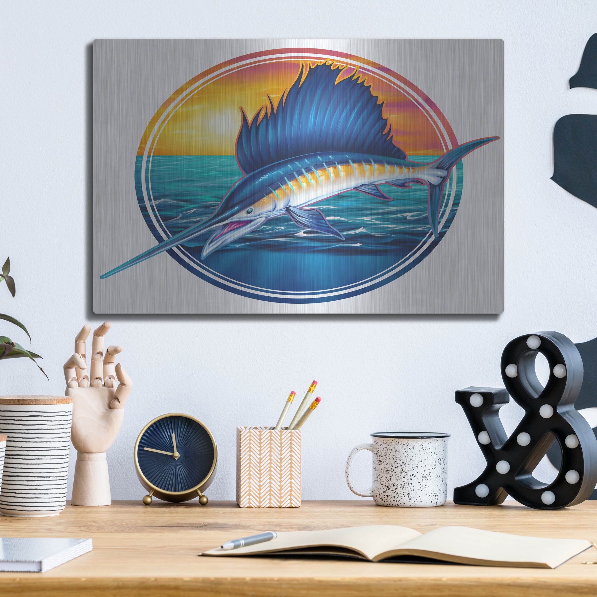 Luxe Metal Art 'Sailfish Illustration' by Flyland Designs, Metal Wall Art,16x12