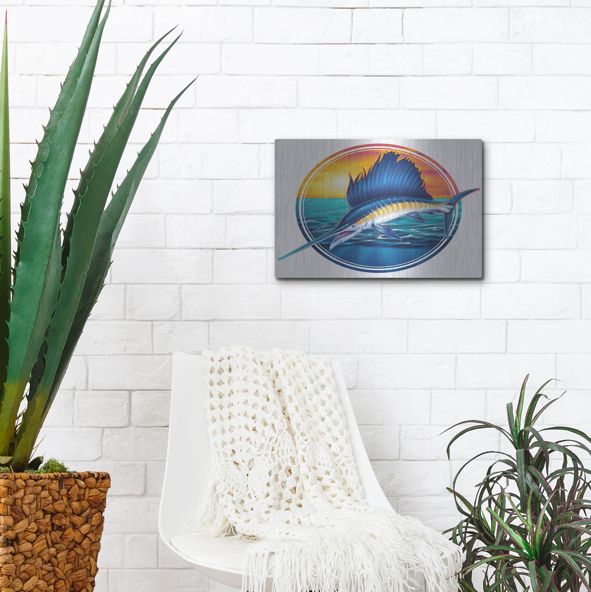 Luxe Metal Art 'Sailfish Illustration' by Flyland Designs, Metal Wall Art,16x12