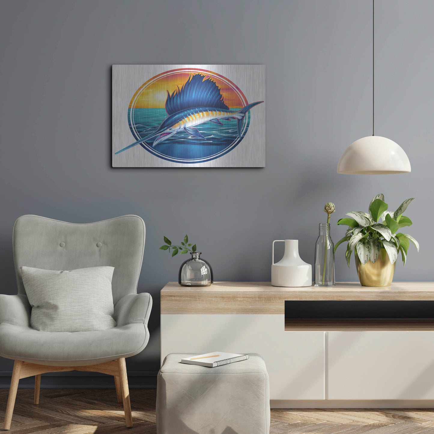 Luxe Metal Art 'Sailfish Illustration' by Flyland Designs, Metal Wall Art,24x16