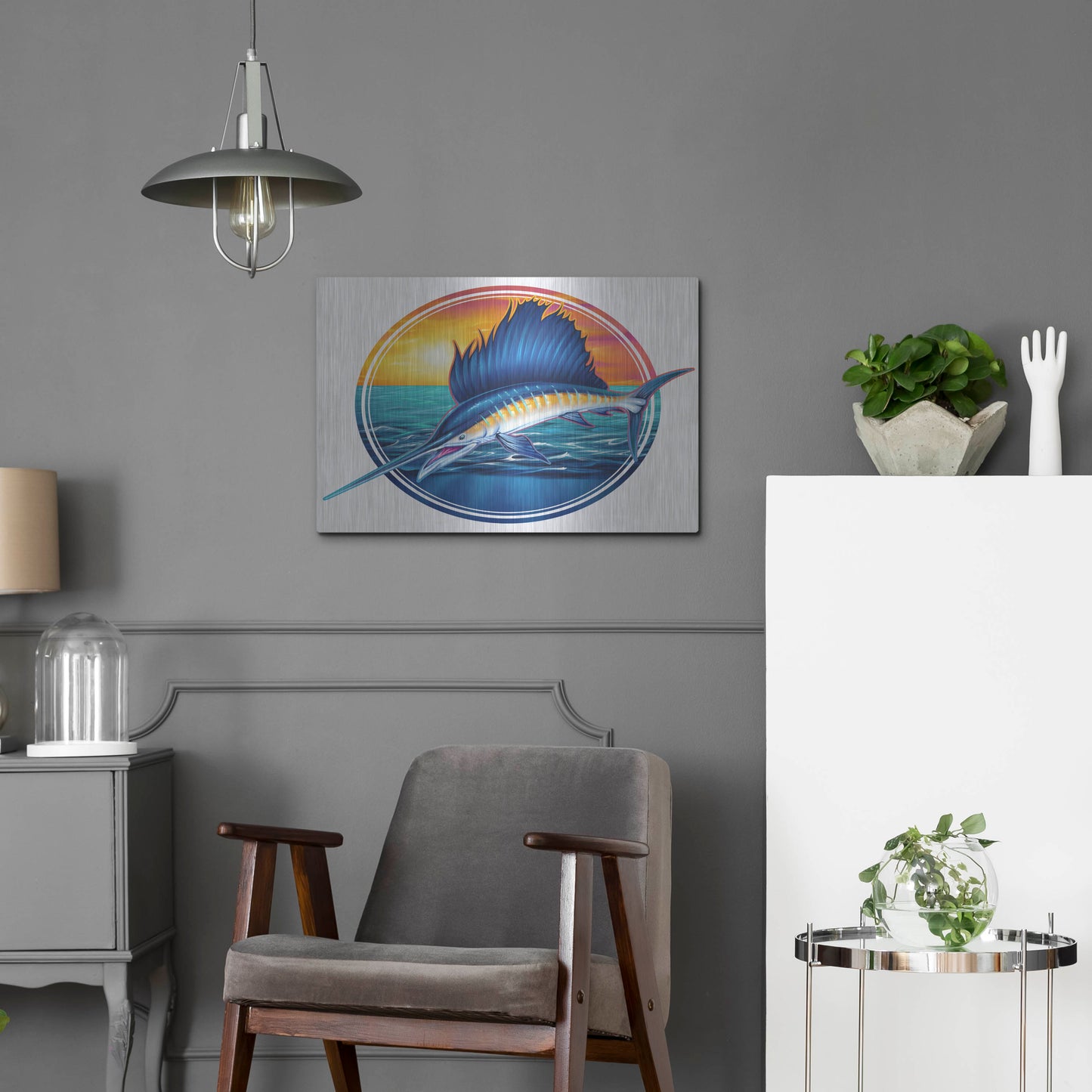 Luxe Metal Art 'Sailfish Illustration' by Flyland Designs, Metal Wall Art,24x16